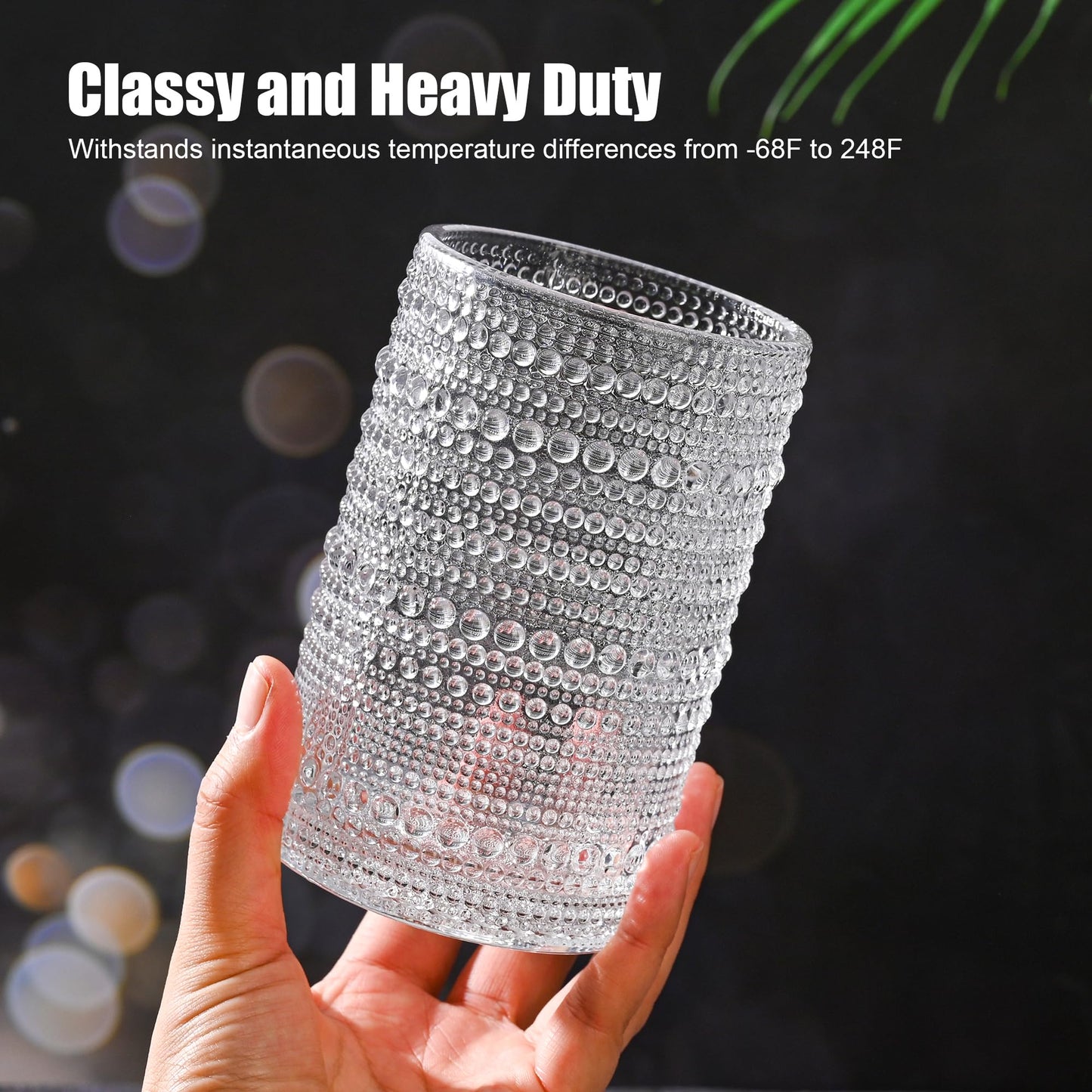 KMIGRUAN Hobnail Drinking Glasses 15oz Vintage Glassware Set of 6 Embossed Beaded Drinking Glasses, Water Cups, Highball Glasses Tumbler for Cocktail,Whiskey,Beer and Juic
