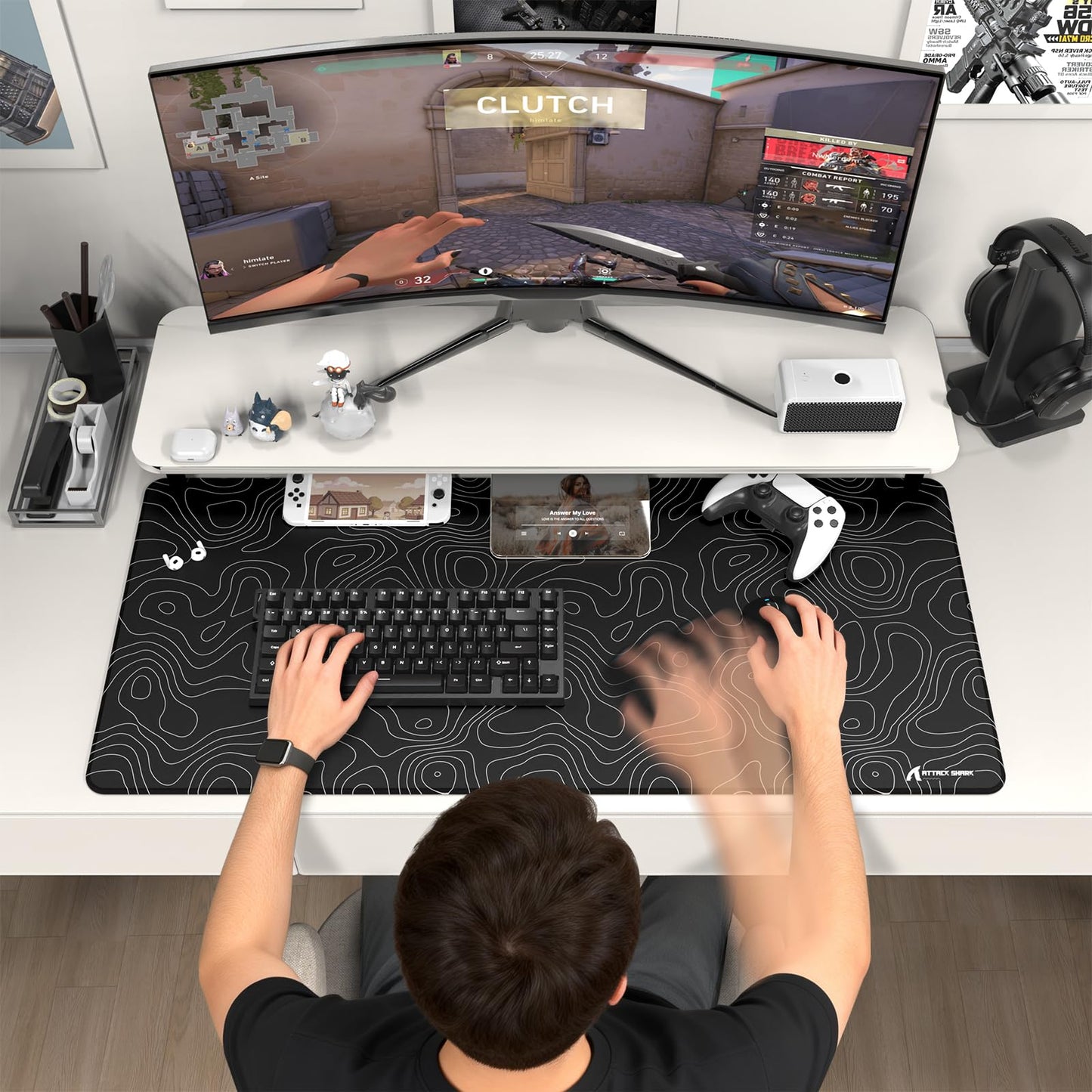 ATTACK SHARK CM02 PRO Extra Large Gaming Mouse Pad, with Anti-Slip Rubber Never-Slip Stability Esports Mousepad, XXL Full Desk Coverage for Writing Desk Office Home Laptop-Black Topographic Line