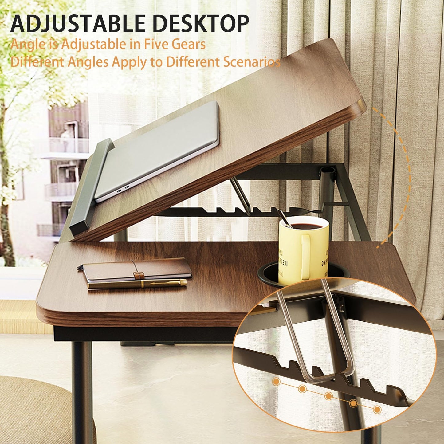 Laptop Desk for Bed, Adjustable Laptop Table with 5 Adjustable Angles, Portable Lap Tray Table with Cup Holder, Laptop Bed Desk Tray for Eating Working Writing (Brown)