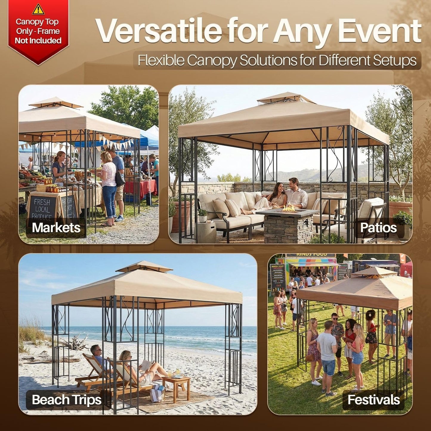 Flexzion Gazebo Cover Replacement Canopy Top 12x12 Ft (3.6m x 3.6m) - Double Tier Top Canopy Cover Replacement with UV30+, Dirt, Water Resistant for Outdoor, Sunshade, Garden, Patio, Pavilion (Beige)