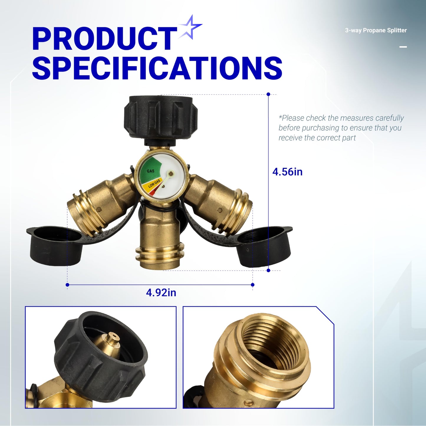 BlueStars 3-Way Propane Splitter Connector QCC/POL with Gauge & Shut-Off Valve – for Gas Grills, Heaters, Camping Stoves, BBQ Griddles, Gas Burners