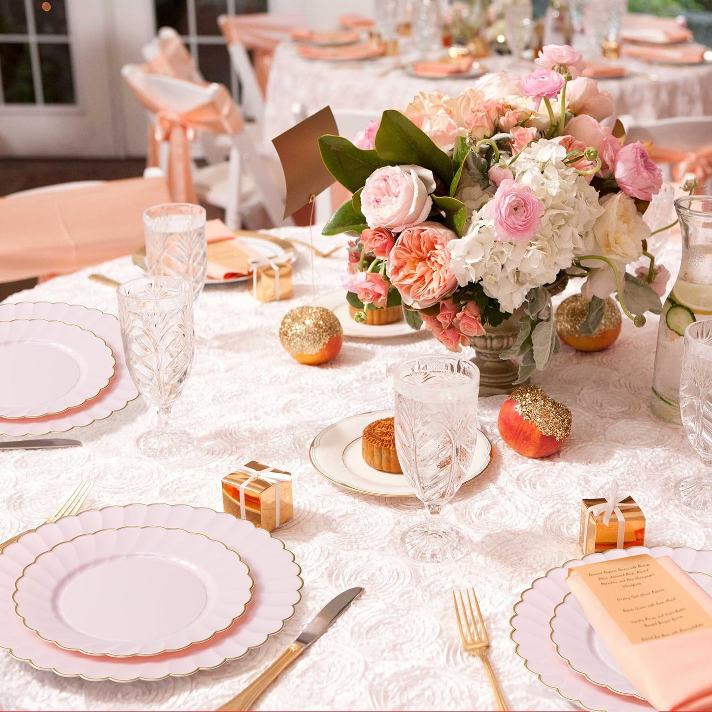 mwellewm 50 Pcs Pink Scalloped Plastic Plates Disposable Party Plates with Gold Rim 25pcs Fancy Decorative Dinner Plates 10" 25pcs Heavy Duty Dessert Plates 7.5" Perfect for Wedding Baby Shower
