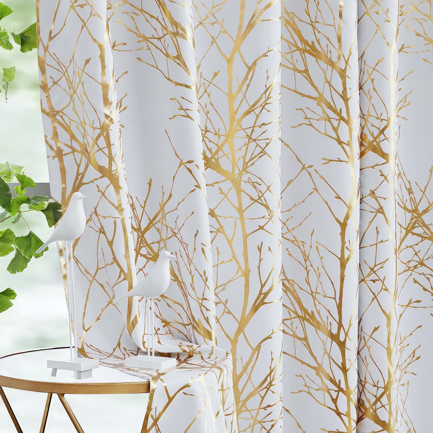 FMFUNCTEX 100% Blackout Curtains for Bedroom Gold Foil on White Curtains 84 Inches Long for Living Room Tree Branch Metallic Pattern Curtains Thermal Insulated Room Darkening Drapes 2 Panels Grommet