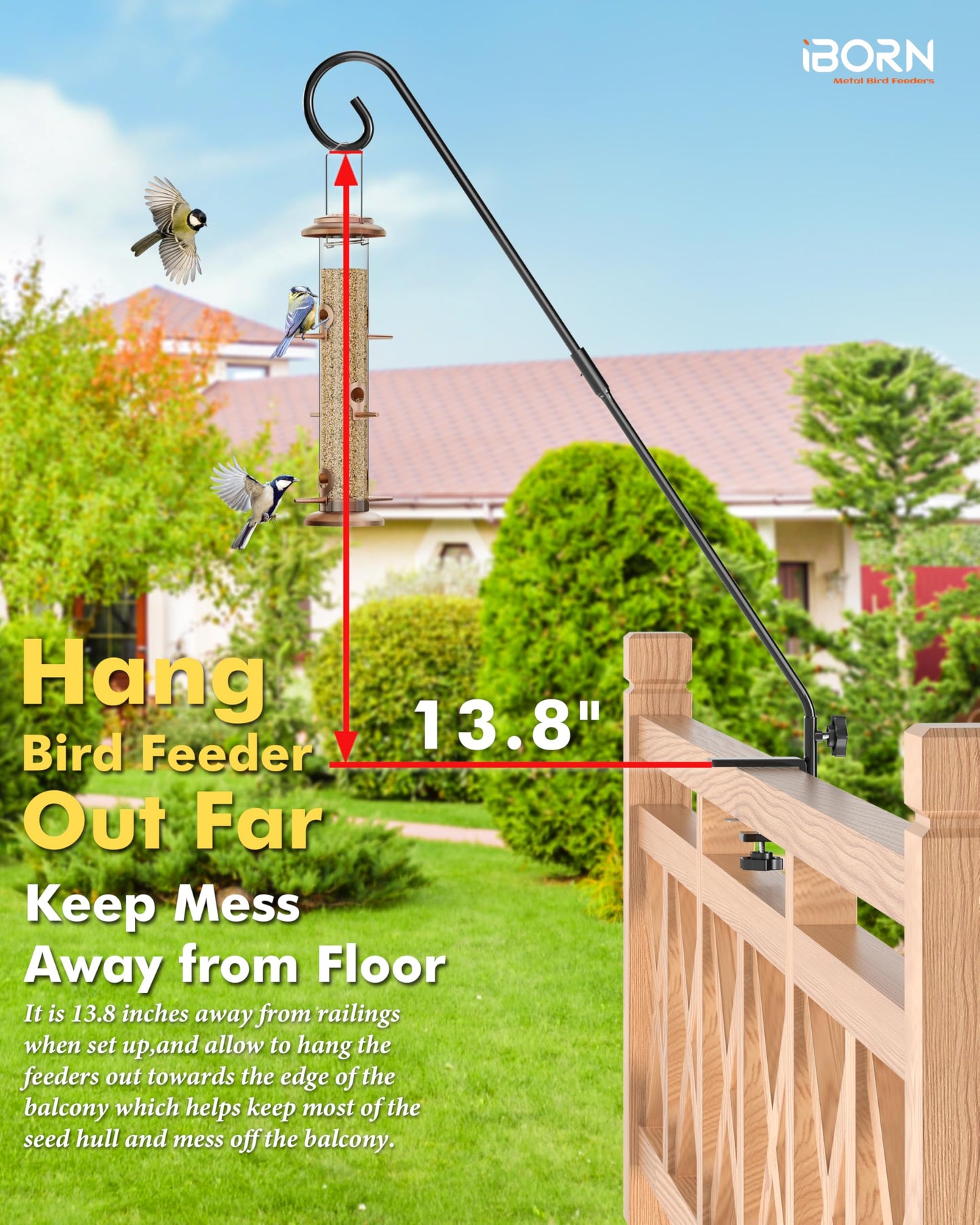 iBorn Deck Hook for Bird Feeder, Hummingbird Feeder Hanger for Deck Railing, Heavy Duty Deck Hanger for Outdoors Hanging, 360° Rotatable Arm, Solid Wire, 28 Inch, Pack of 1