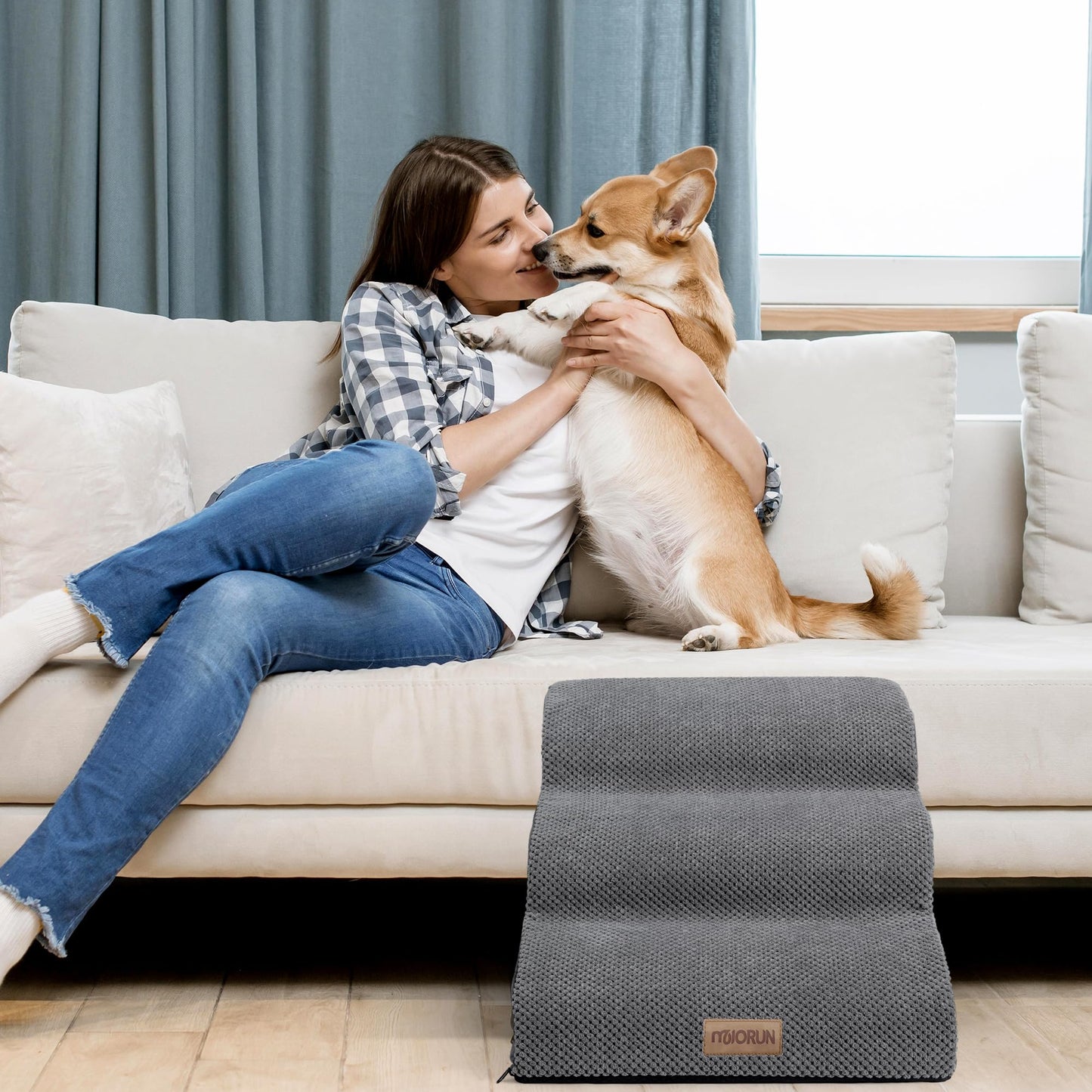 Miorun Dog Stairs Ramp for Bed and Couch Up to 17", Slope 3-Step Foam Steps for Pets to get on Sofa, Puppy Ladder with Washable Cover and Balanced Non-Slip Base, Ideal for Older Cats