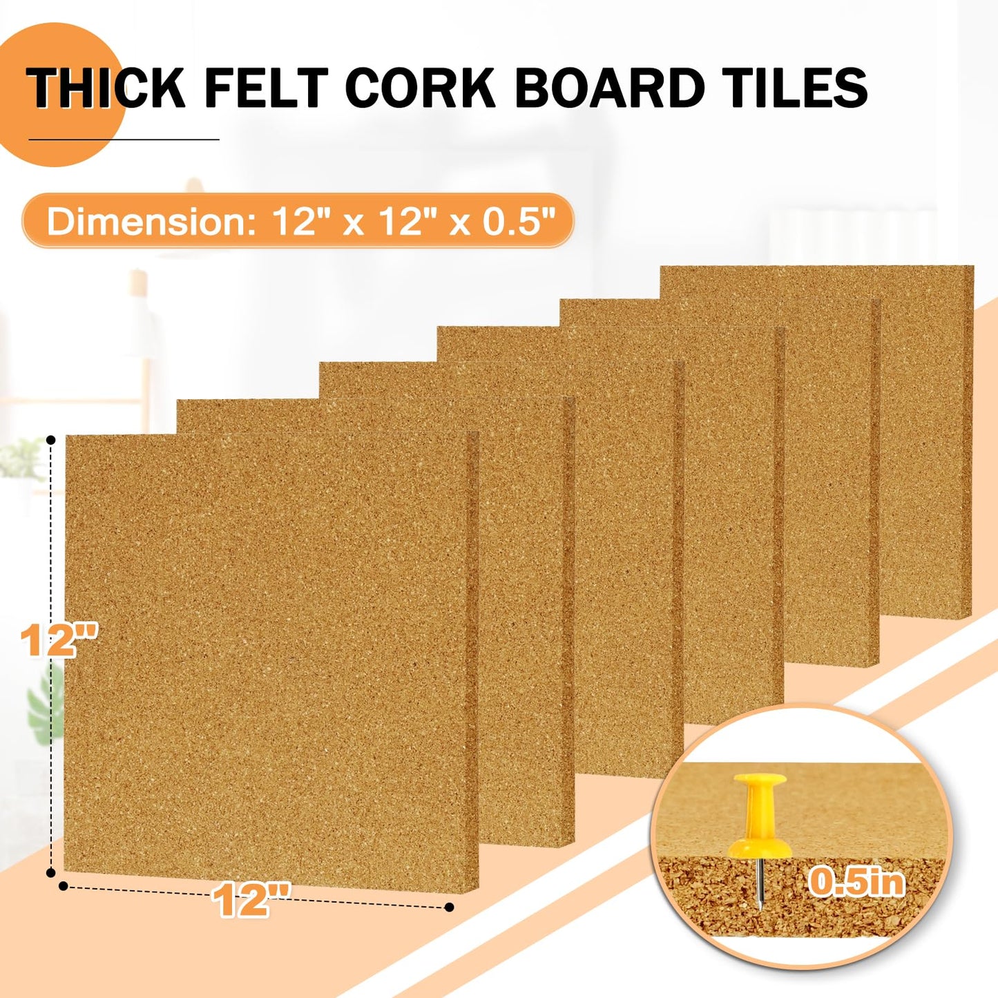 AMUSIGHT Cork Board Tiles, 6 Packs 12" x 12" 1/2" Thick Cork Bulletin Board Pin Board Self Adhesive Cork Boards for Walls with 60 Pushpins for Home Office Kitchen School