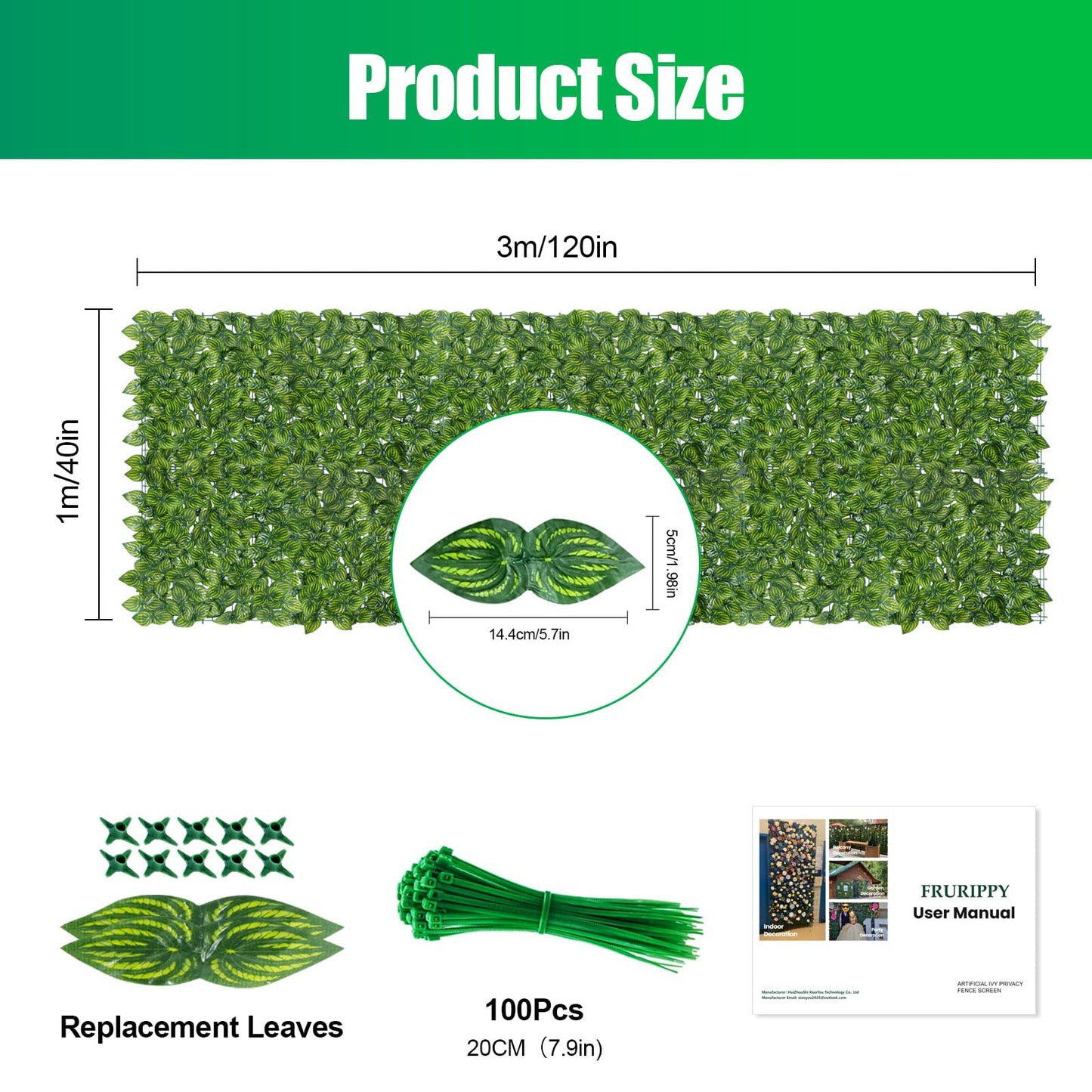 Artificial Ivy Privacy Fence Screen 40x120in, Artificial Faux Ivy Hedge for Garden and Balcony, Faux Leaves Privacy Fence with 100PCS Zip Ties and Replacement Leaves,Nail
