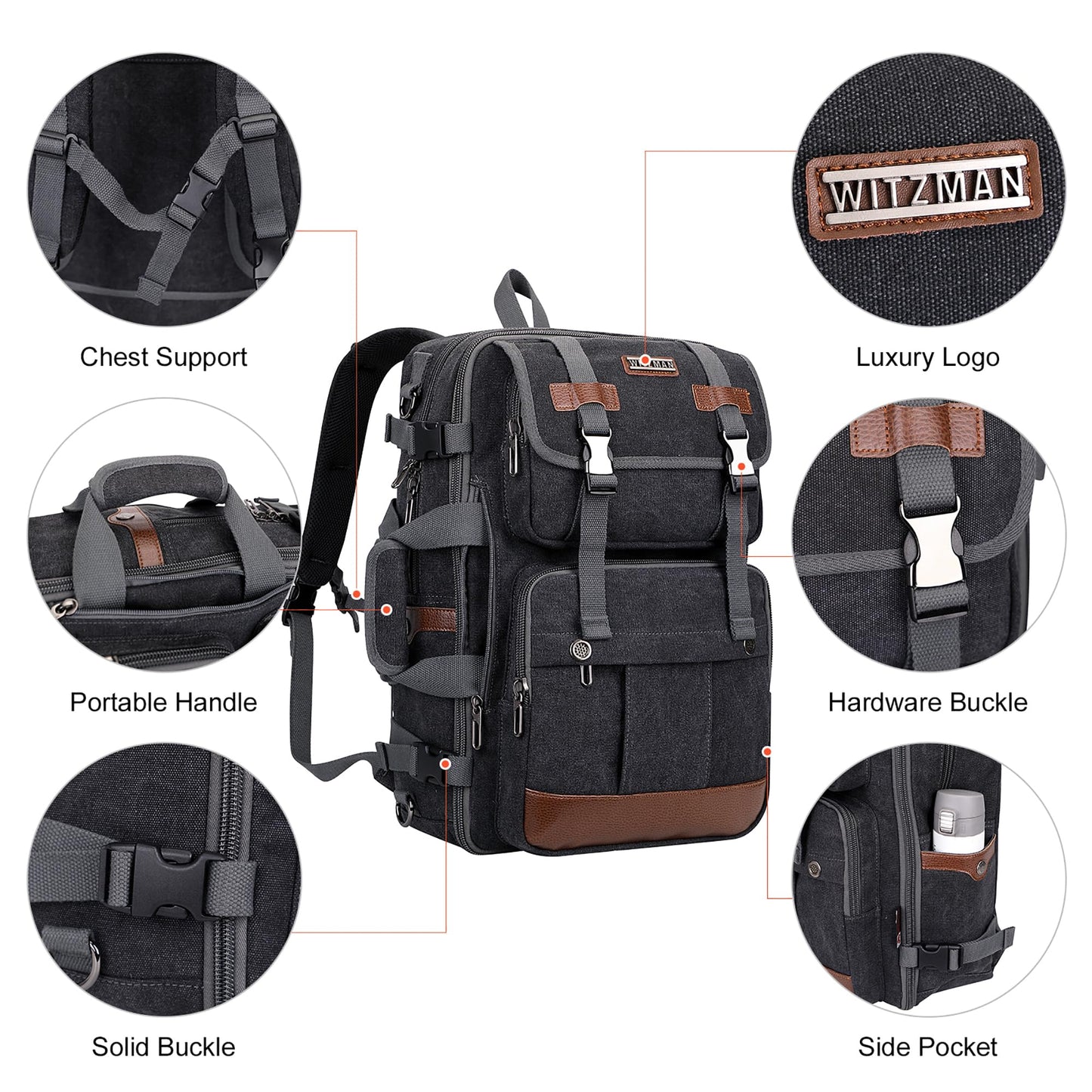 WITZMAN Canvas Travel Backpack for Men Large Laptop Backpack Fit 17 inch Carry-on Airline Approved Convertible Shoulder Rucksack(A6617-3 Black)