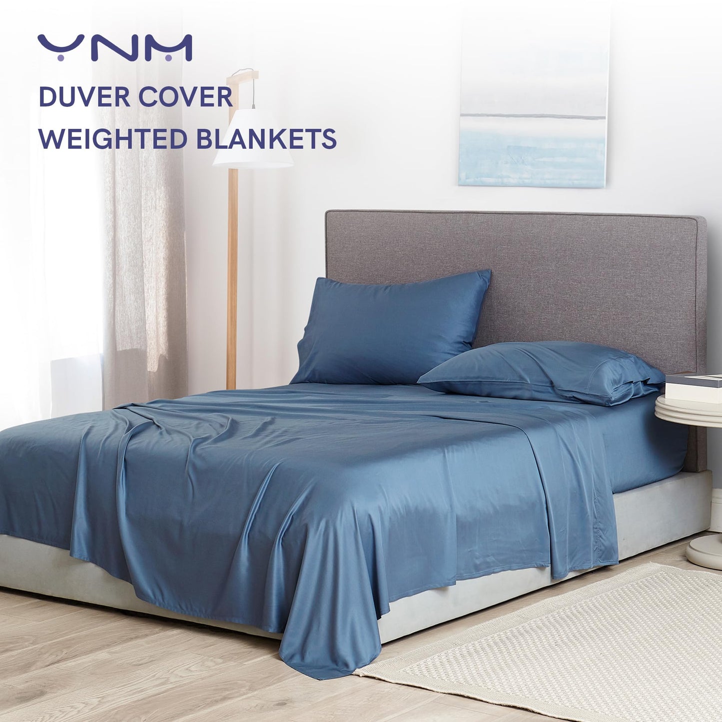 YnM 60 x 80 inch Natural Bamboo Cooling Machine Washable Duvet Cover for Weighted Blankets, Blue Grey