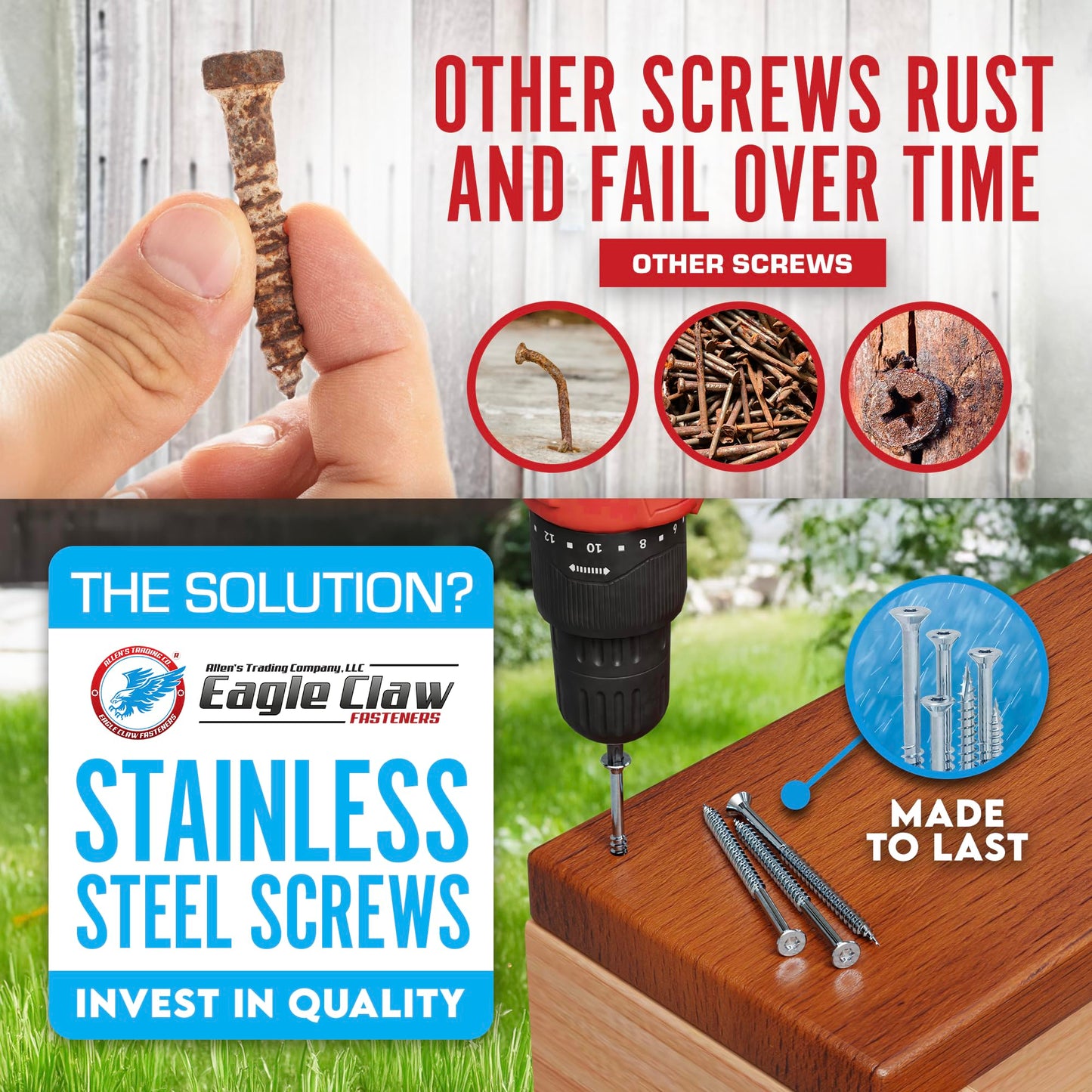 #10 x 3 Inch Stainless Steel Deck Screws 350 Pieces | T25 Star Torx Drive Flat Head | 304 Grade Stainless Steel Wood Screws High Corrosion Resistance by Allen's Trading Co. Eagle Claw Fasteners