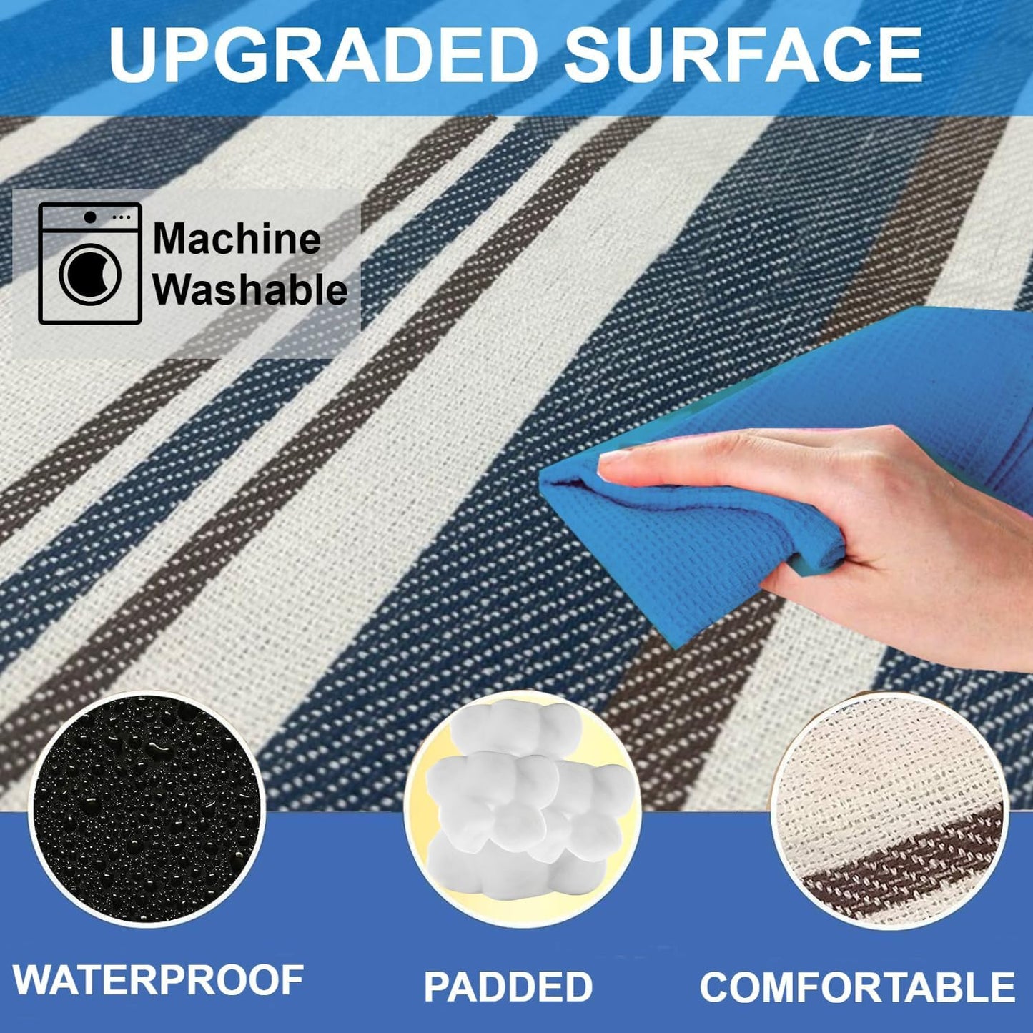 Extra Large Picnic & Outdoor Blanket Dual Layers for Outdoor Water-Resistant Handy Mat Tote Spring Summer Blue and White Striped Great for The Beach,Camping on Grass Waterproof Sandproof (SC-CM-01)