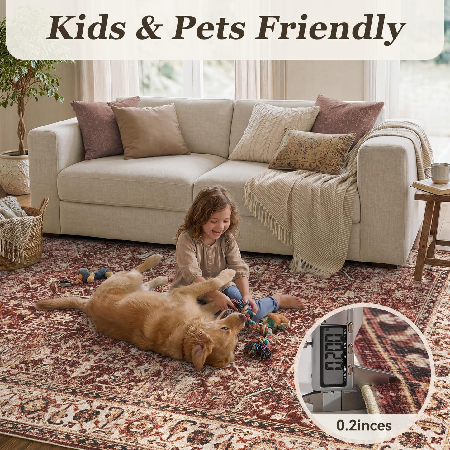 Retro Red Area Rug for Living Room 5x7 Large Carpet-Machine Washable Vintage Traditional Rugs for Bedroom Dining Room Office Non Slip Rug