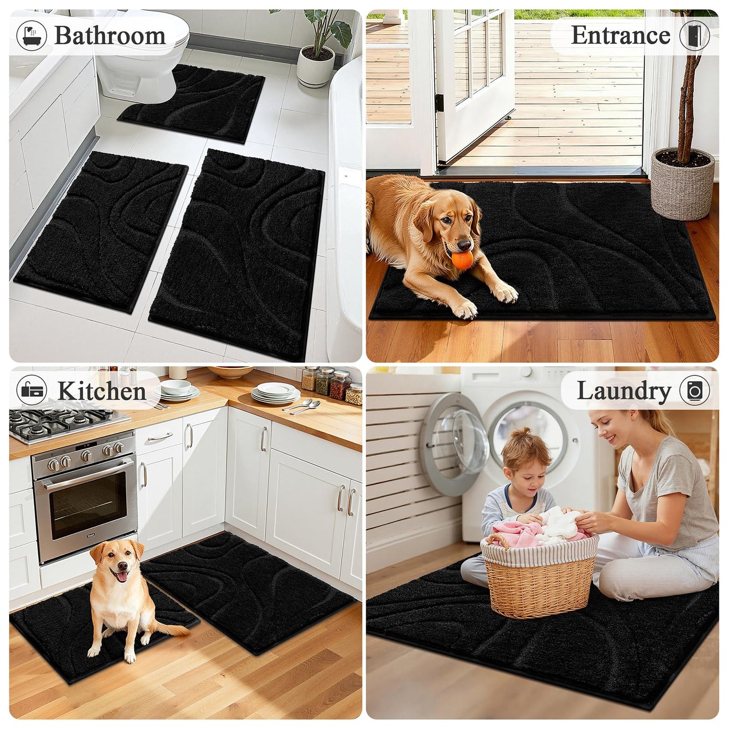 HEBE Microfiber Bath Mat Set 3 Piece, Ultra Absorbent Bathroom Mat, Non-Slip Plush Shaggy Bathroom Rug, Machine Washable Bath Mats for Bathroom Floor, Tub and Shower, Black