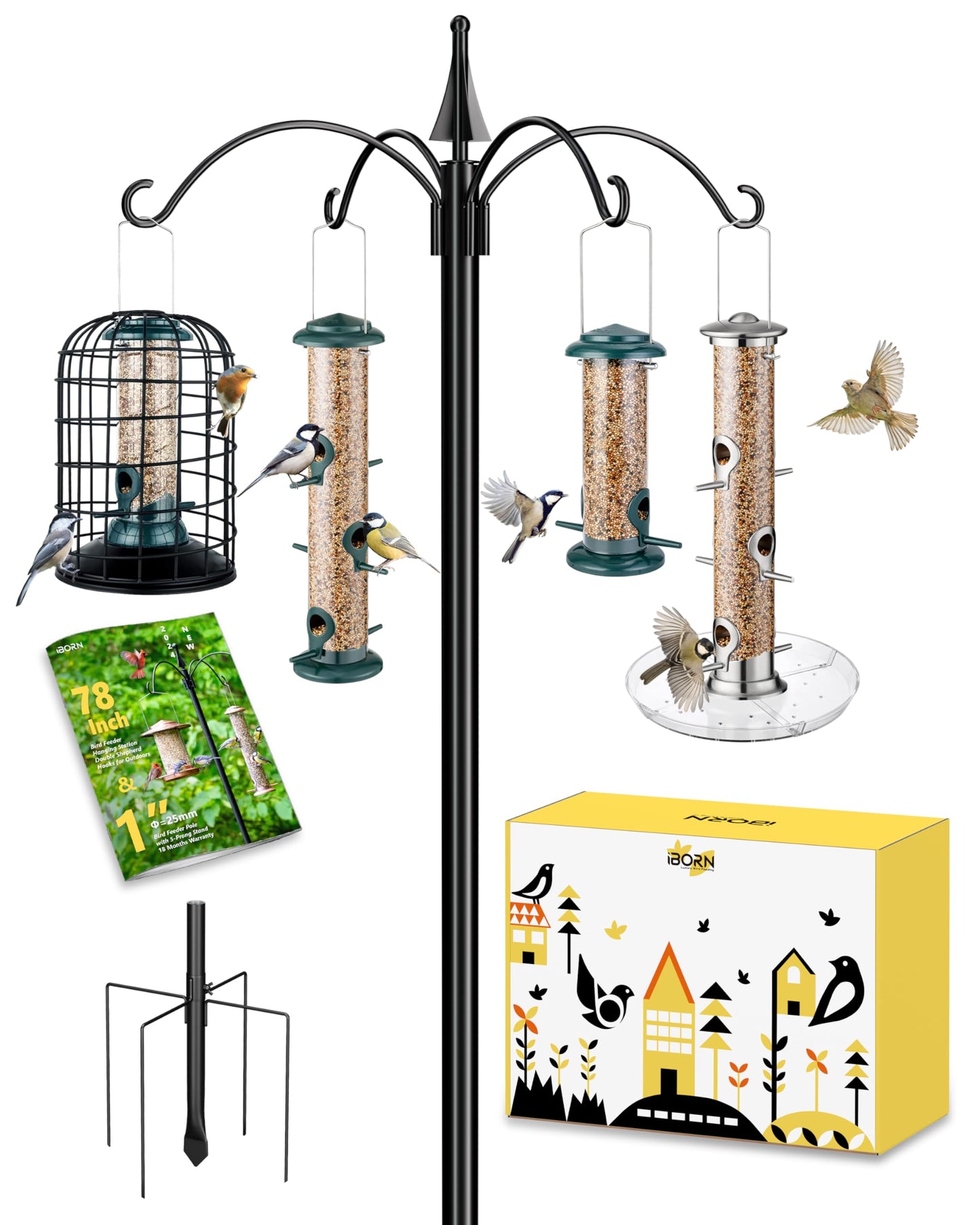 iBorn 1“ Thickness Shepherds Hooks for Outdoor Bird Feeder Pole 78" Height Wild Bird Feeder Stand Shepherds Hook for Hummingbird Feeder, 4 Top Hooks,5 Base Prongs (Feeders NOT Included)
