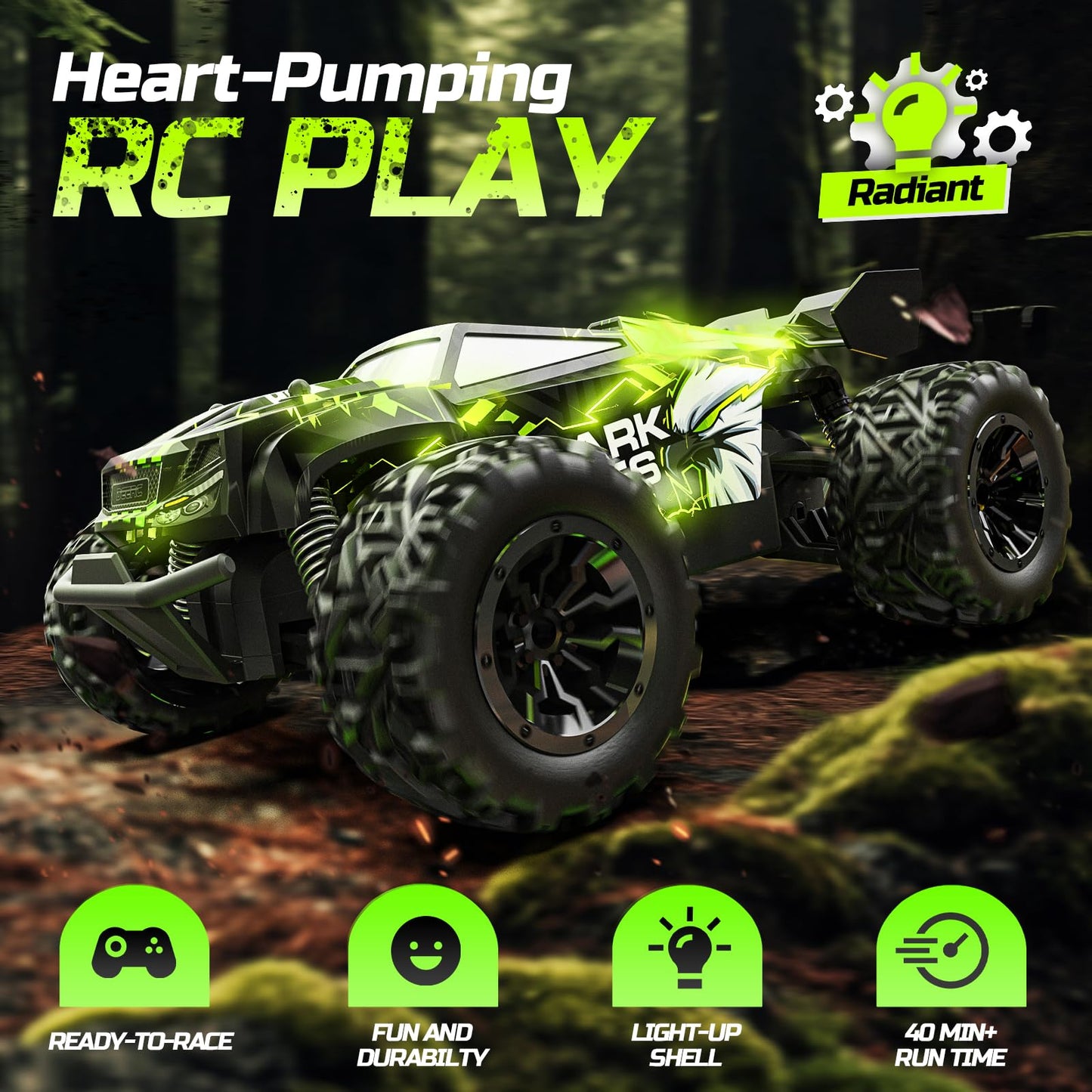 DEERC RC Car W/LED Car Shell, 2.4GHz Remote Control Cars, All Terrain RC Truck W/ 2 Rechargeable Batteries, 40 mins Playtime, Rock Crawler, Monster Truck Gift Toys for Beginners Kids Boys Adults