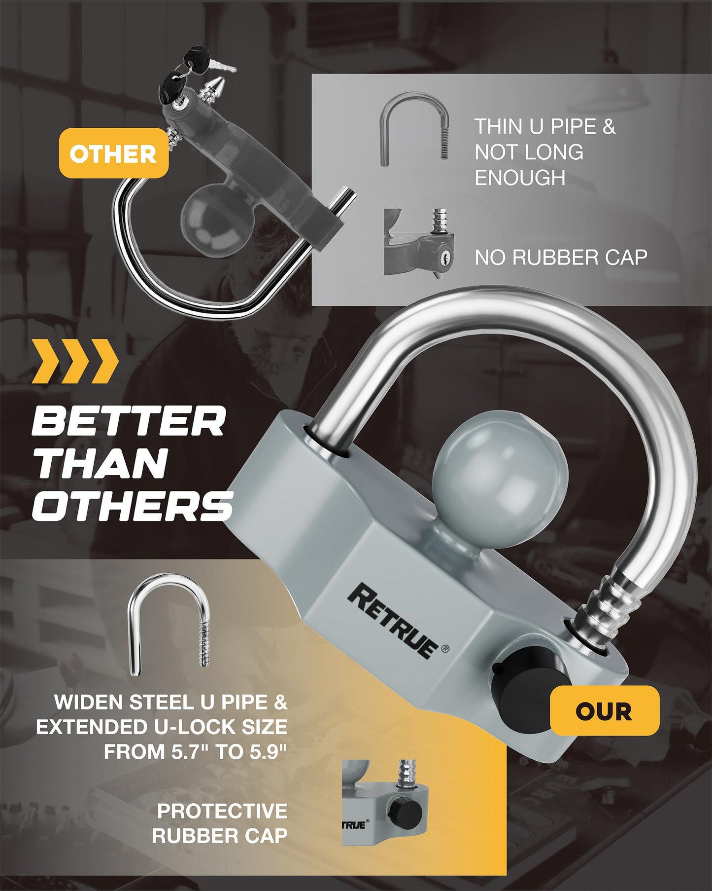 RETRUE Universal Coupler Lock Trailer Locks Ball Hitch Trailer Hitch Lock Adjustable Security Heavy-Duty Steel Fits 1-7/8 Inch, 2 Inch, 2-5/16 Inch Couplers, Grey