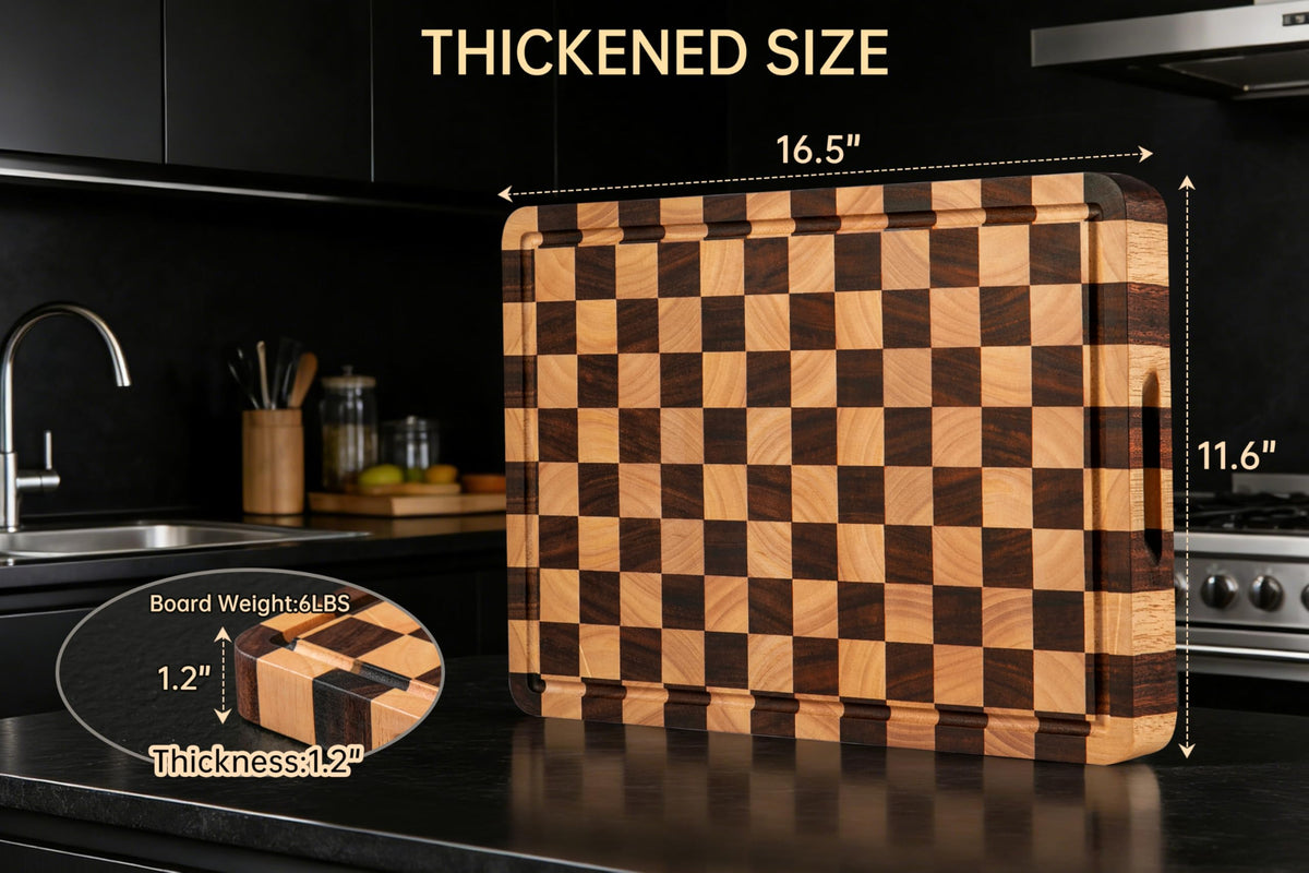 THETCHRY Cutting Boards for Kitchen, Thickened Checkered Cutting Board, Walnut & Acaia Wood Chopping Board with Juice Grooves & Handles, Double-Sided Large Butcher Block, 17" x 12" x 1.2"