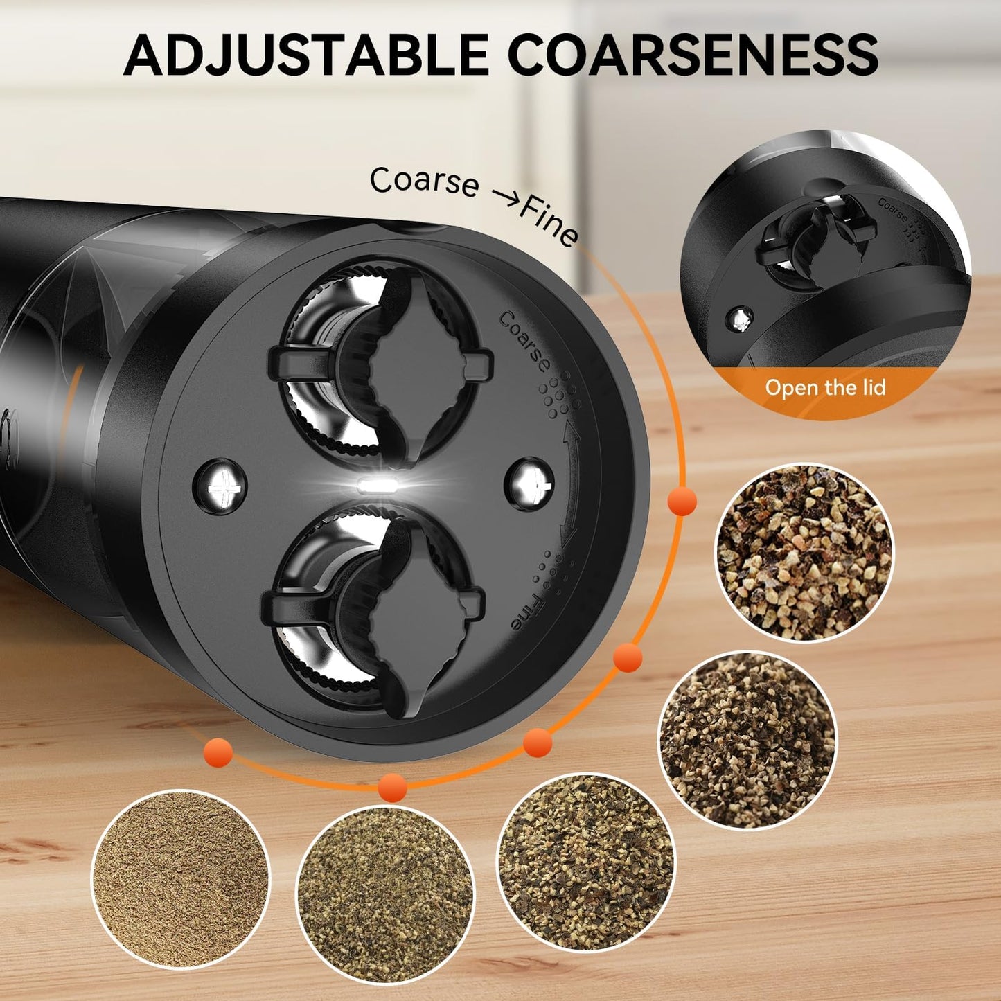 HeatBay 2 in 1 Electric Salt and Pepper Grinder Set, USB Rechargeable, Automatic Salt and Pepper Mill Shakers with Battery Display, LED Light, Adjustable Coarseness(Black)