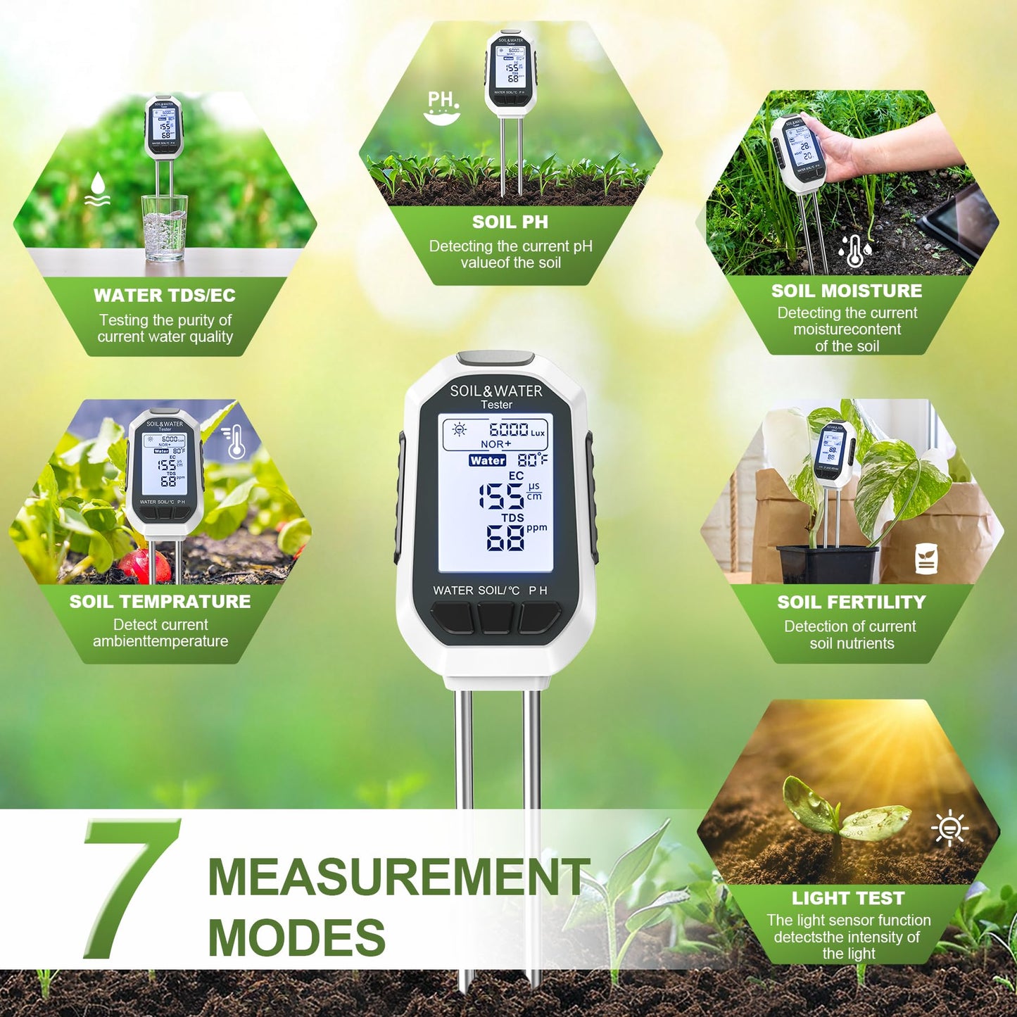 7-in-1 Soil＆Water Meter Digital Plant Temperature/Soil Moisture/PH Meter/Sunlight Intensity/Fertility/EC/TDS Backlight LCD Display Soil Test Meter TDS EC Meter for Garden Indoor Outdoor