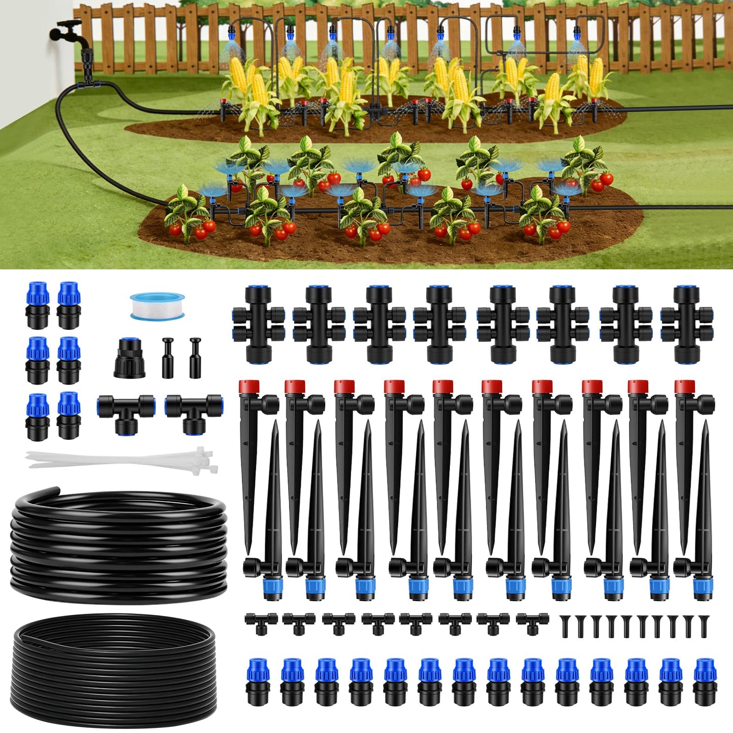 Snowtaros 240FT Quick-Connect Drip Irrigation System, Automatic Garden Watering System Kit with 1/2" & 1/4" Fast-Lock Fittings, Adjustable Sprinklers for Raised Beds, Garden, Greenhouse, Lawn