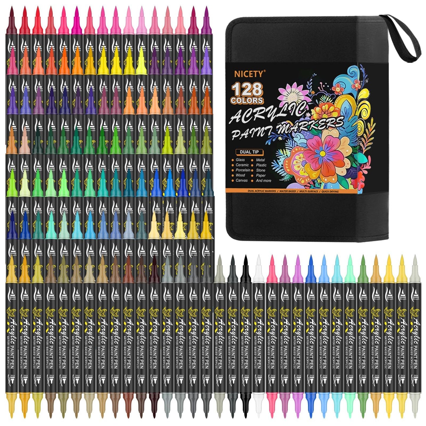 128 Acrylic Paint Markers, Dual Tip Brush Paint Pens for Adult Artists - Fine & Brush Tip Water Based Acrylic Markers for Canvas, Wood, Ceramic, Glass, Metal Surfaces