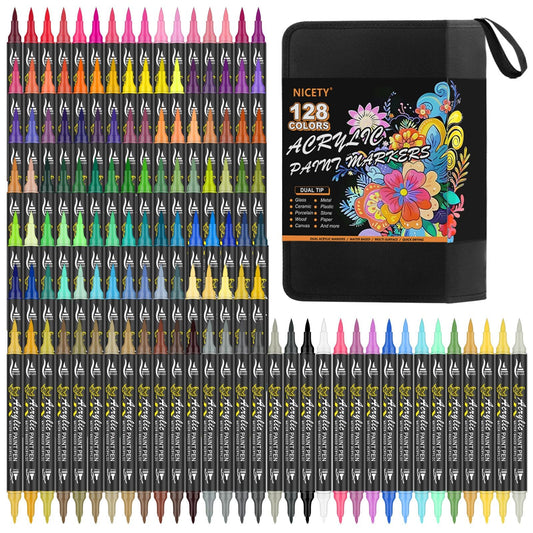 128 Acrylic Paint Markers, Dual Tip Brush Paint Pens for Adult Artists - Fine & Brush Tip Water Based Acrylic Markers for Canvas, Wood, Ceramic, Glass, Metal Surfaces