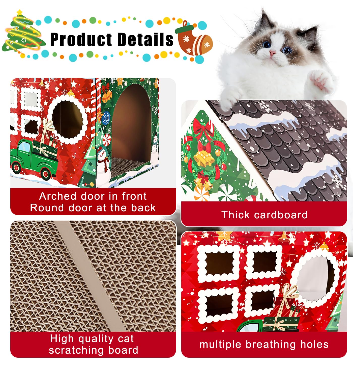 MUNILAIL Christmas Cardboard Cat House with Scratcher - 16.5" x 13" x 19" Cat Scratcher House for Indoor Cats