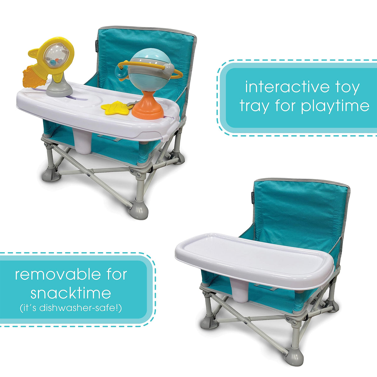 Summer Infant Pop ‘N Sit Eat ‘N Play Baby Pop Up Chair for Meals and Playtime with Removeable Tray and Toys, Portable Booster Folds for Travel, Blue / Gray