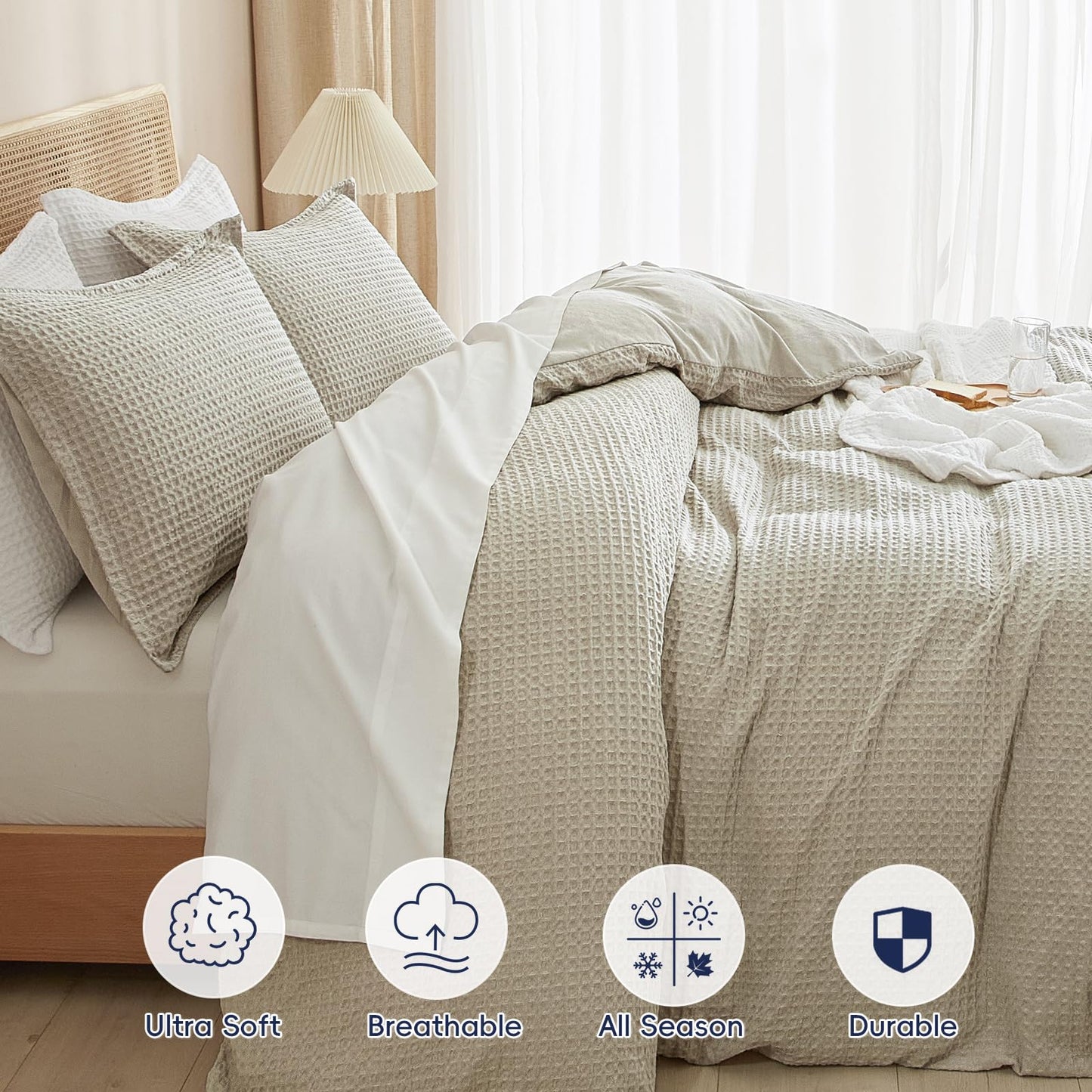 PHF Waffle Weave Duvet Cover Set King Size, No Snagging Ultra Soft Luxury Textured Comforter Cover for All Season 3pcs, Durable Bedding Duvet Set with 2 Pillow Shams, 104"x90", Linen