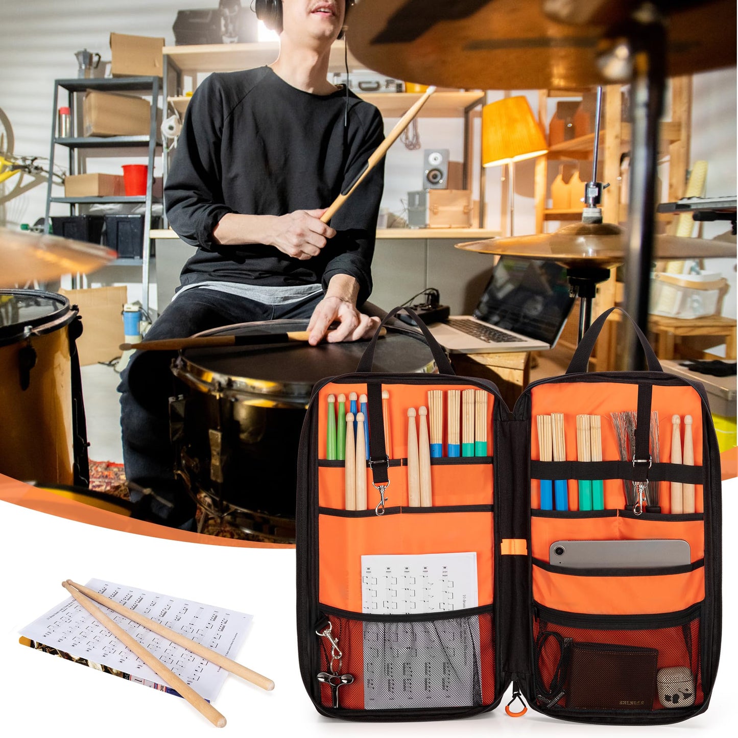 Damero Drumstick Bag, Drumstick Mallet Bag with Detachable Shoulder Strap, Hanging Drum Sticks Bag for Drummers, Beginners in Band, Gig