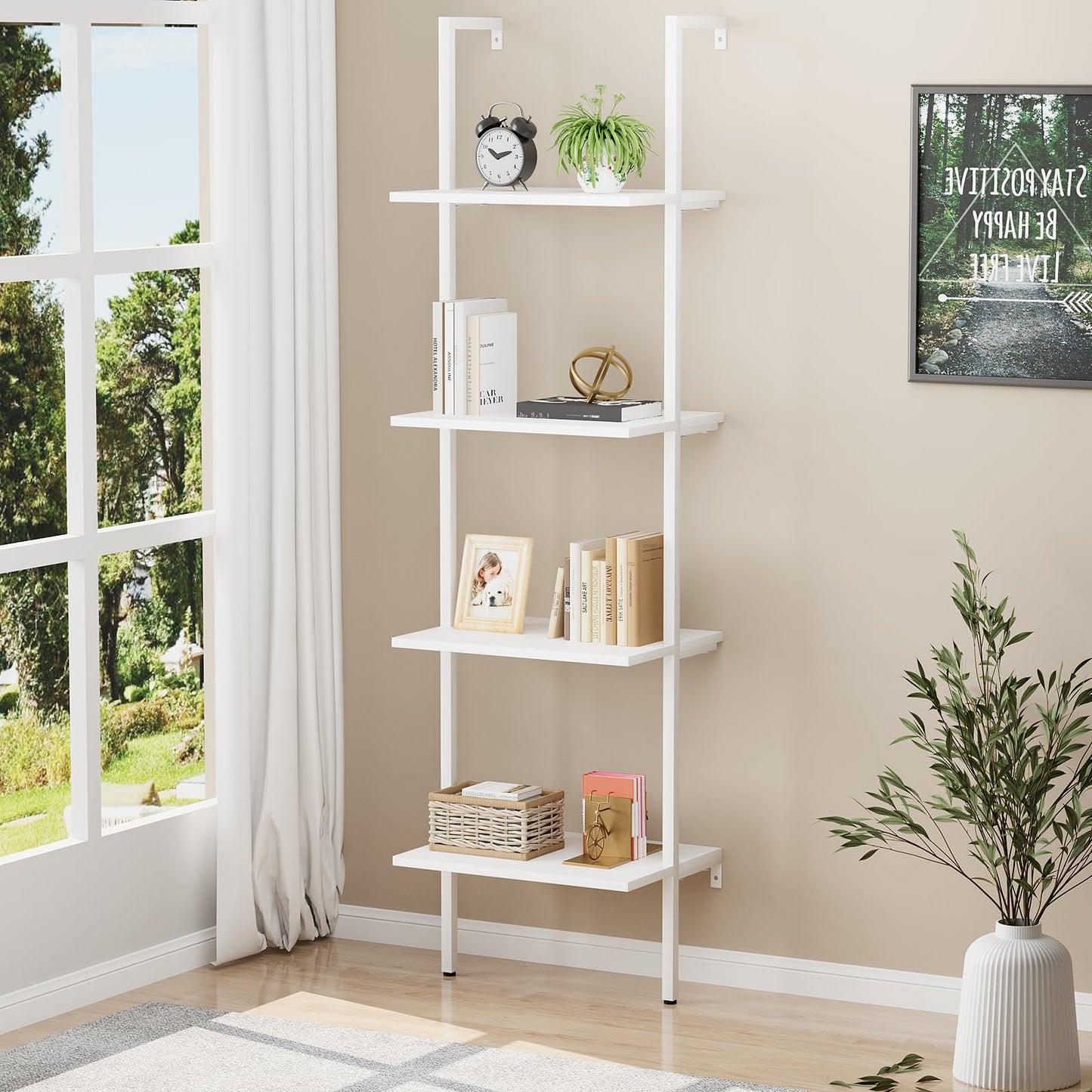 Ladder Shelf 4 Tiers Metal Industrial Bookshelf,White Wooden Tall Open Storage Rack and Display Shelves,Wall Mount Wide Bookcase for Home Office Bedroom,Small