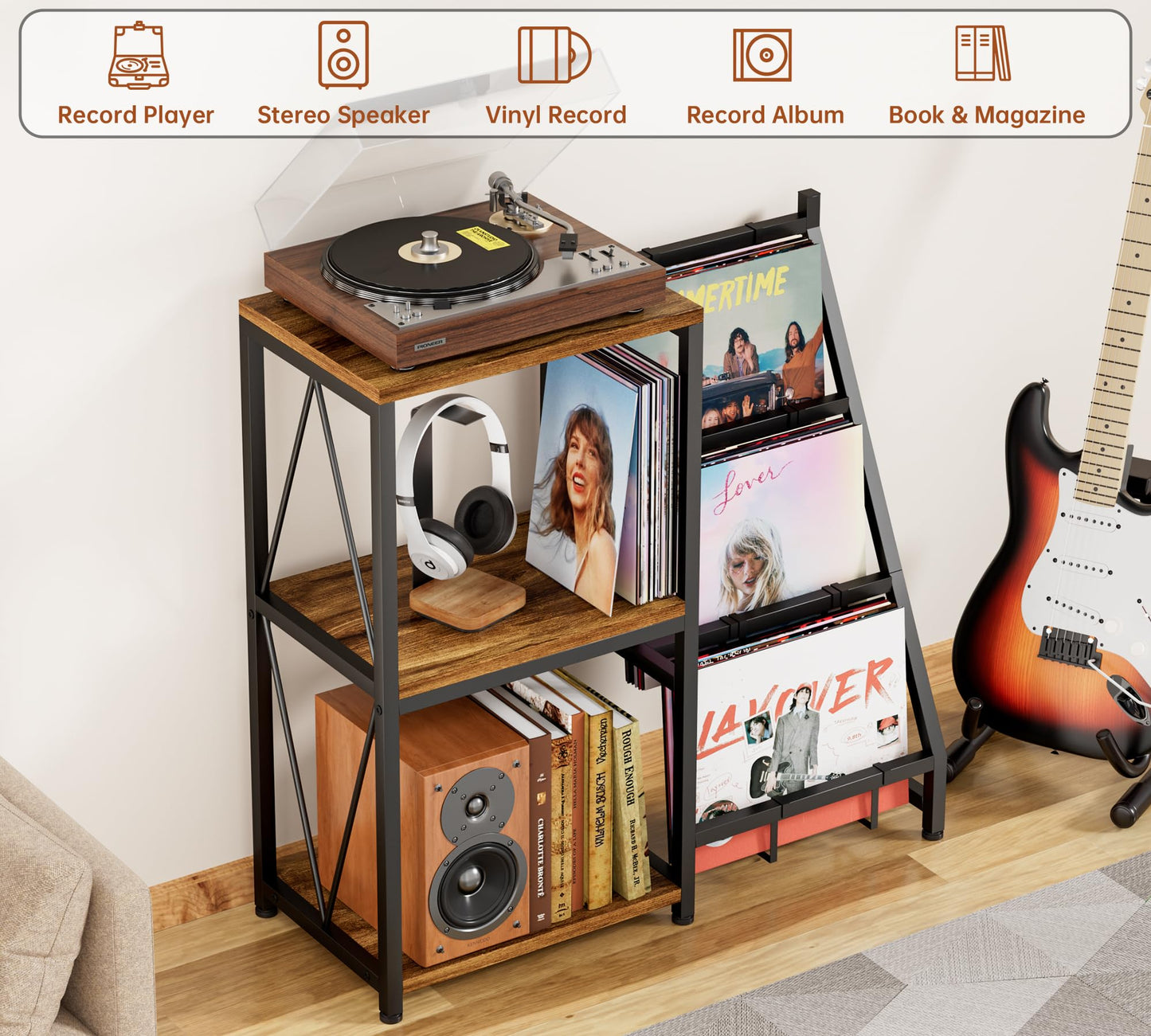 Y&M Record Player Stand with Vinyl Storage, Vinyl Record Shelf Holds Up to 200 Albums, 3-Tier Turntable Stand Table, Record Display Shelf for Album CD, End Table for Bedroom, Living Room