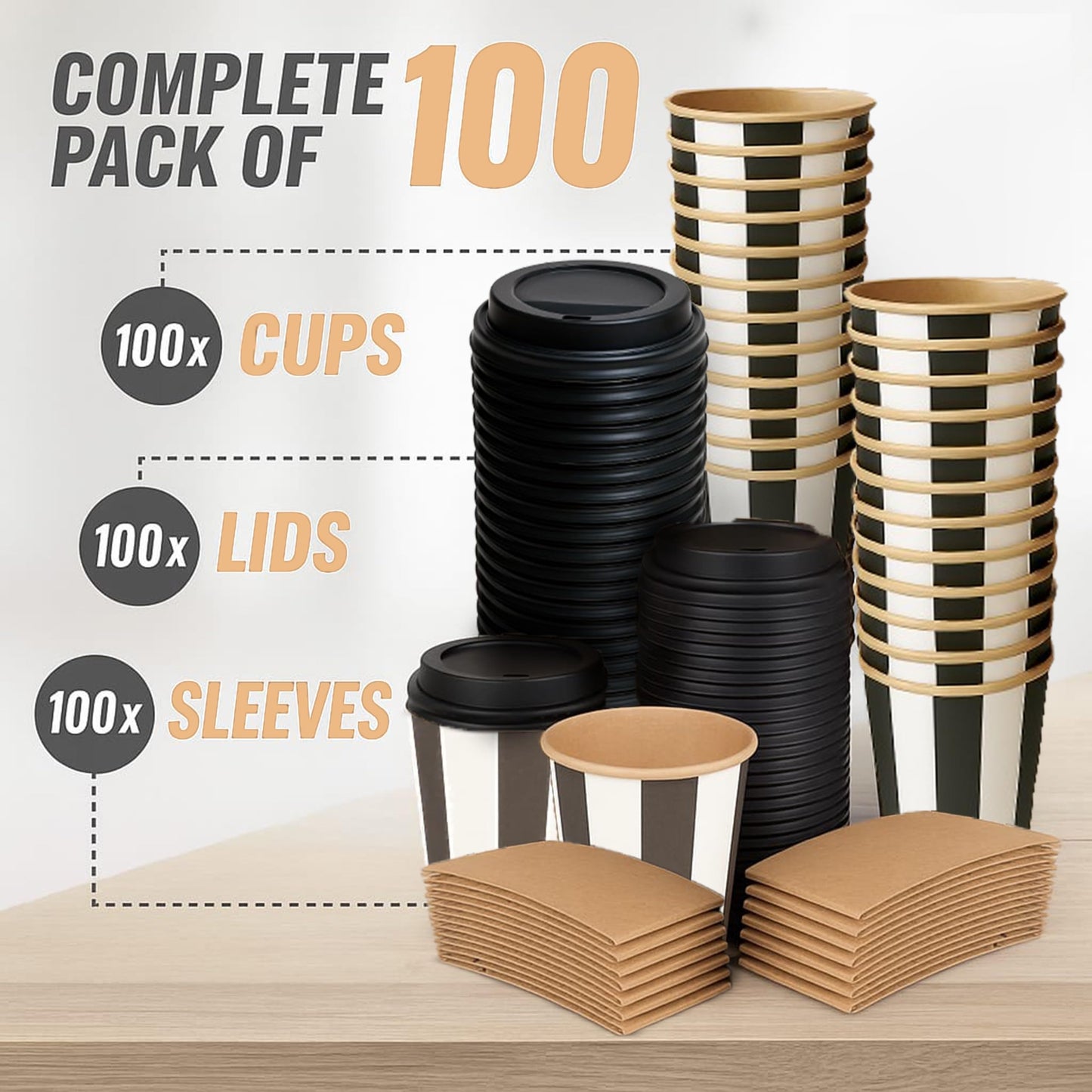 100 Pack - 12 oz Disposable Coffee Cups with Lids and Sleeves - Double Wall Kraft Paper to-Go Hot/Cold Cups with Lids - Thickened Coffee Paper Cups for Office, Restaurant, Party, Cafe & Takeout