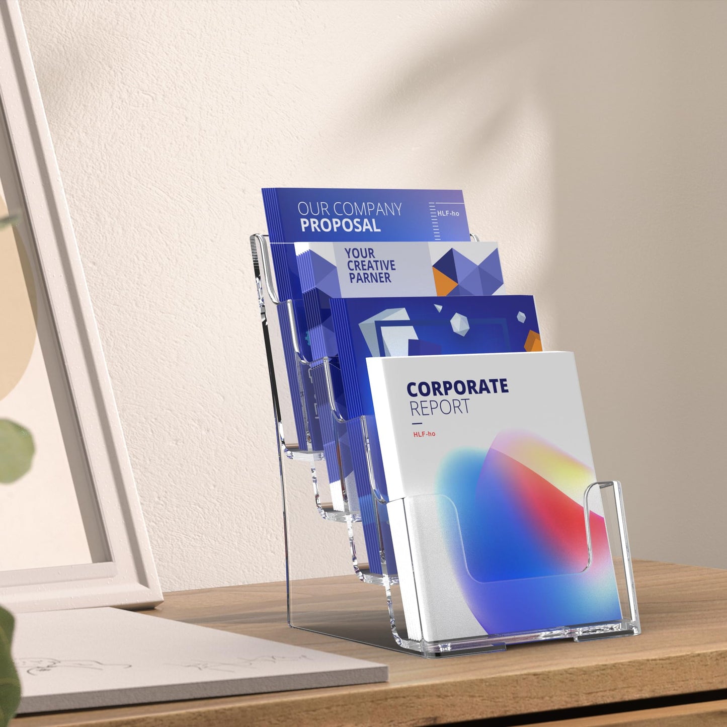 HLF-ho Brochure Holder 6x9 Inch 4 Tier Acrylic Literature Holders Clear Plastic Flyer Display Stand Countertop Use or Wall Mount Pamphlet Holder Organizer for Office, Lobby, Hotel, Trade Show, 2 Pack