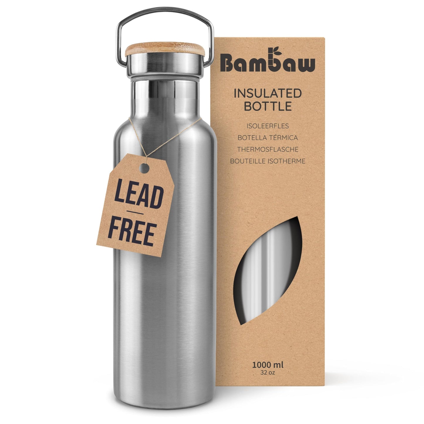 Bambaw Insulated Stainless Steel Water Bottle 32 oz, Dishwasher Safe Water Bottles with Handle, Easy to Clean, Great for Travel, Keeps Drinks Hot for 12h & Cold for 24h (Silver)