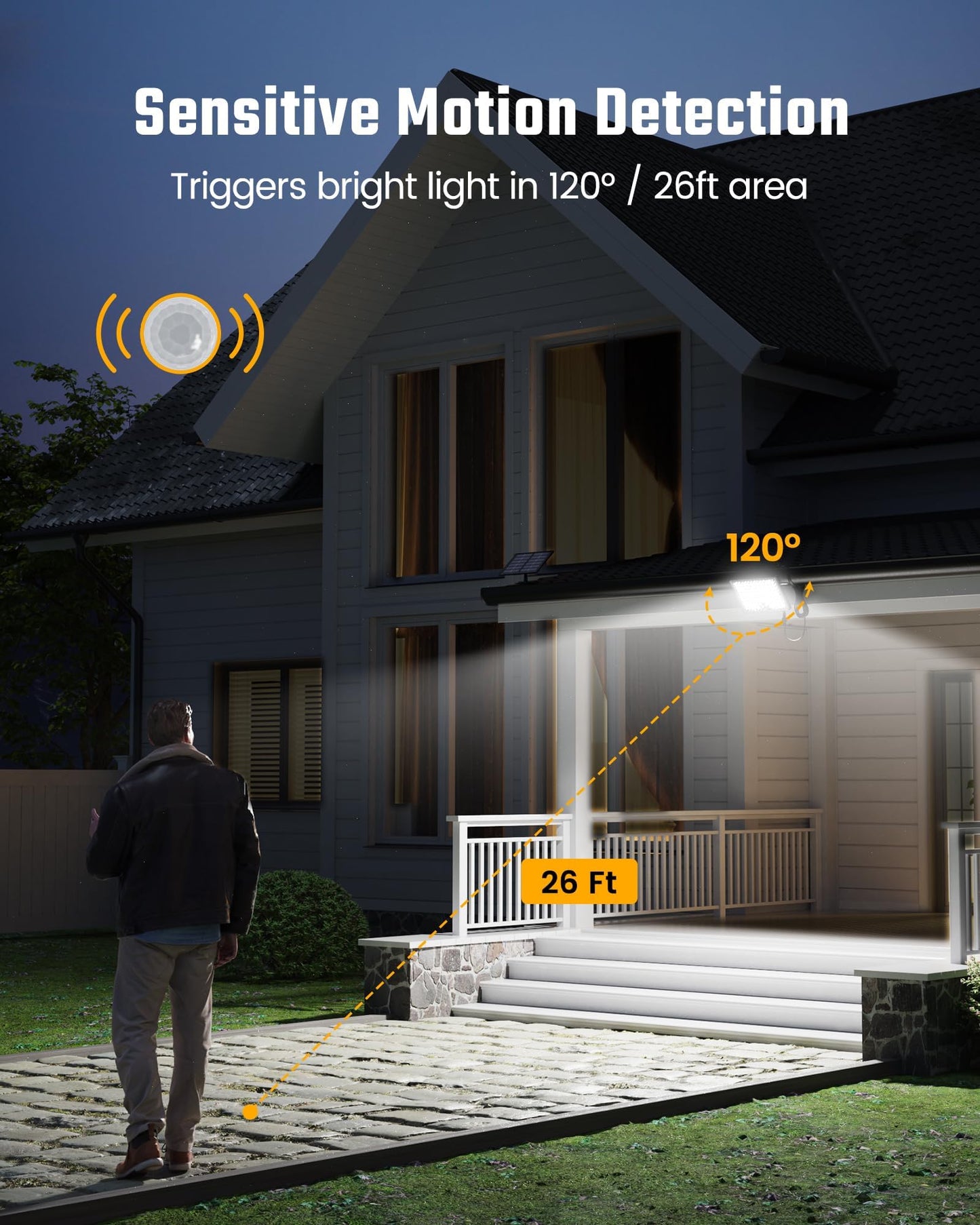 SUPERDANNY Solar Outside Lights with Motion Sensor, 113 Bright LEDs 7000K, Outdoor Flood Lights Dusk to Dawn with 16ft Cable IP65 Waterproof, Security Light for Front Porch, Garage, Side Yard-2 Pack