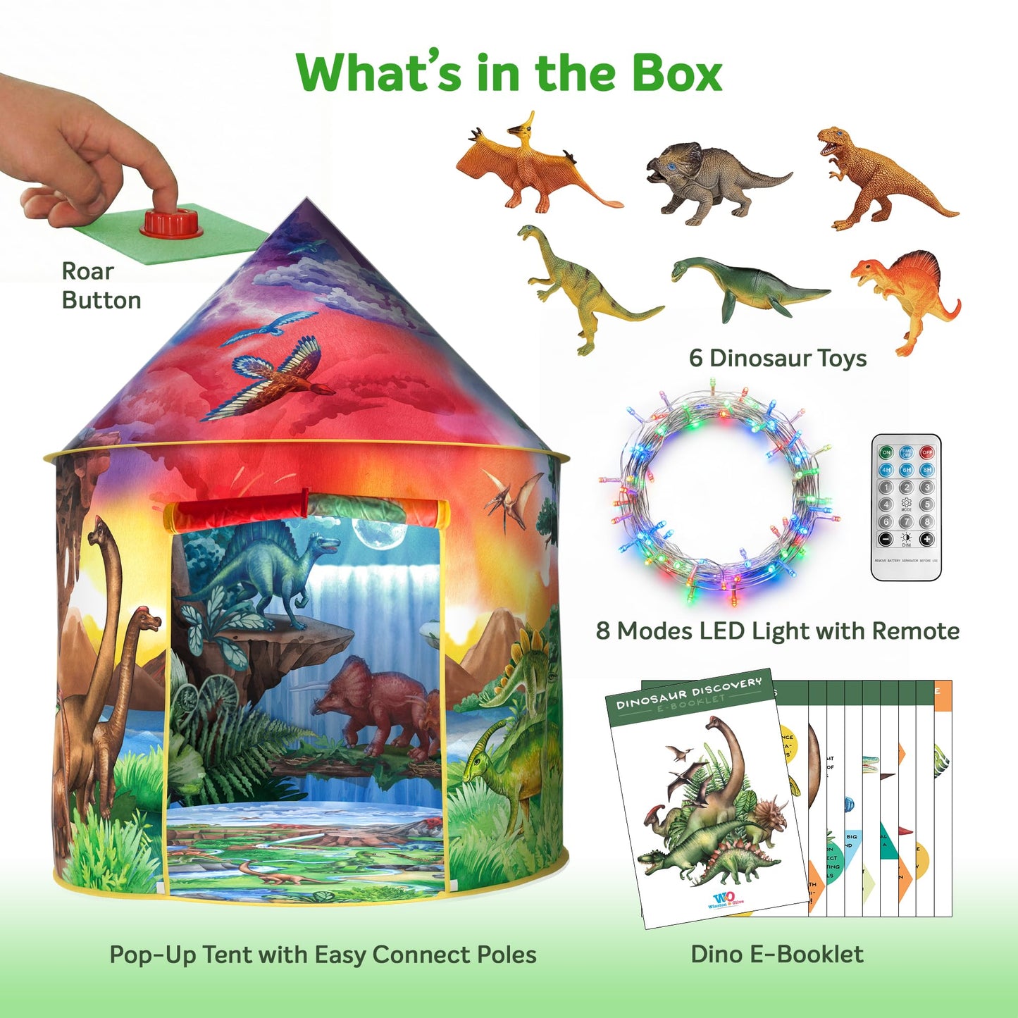 W&O Dinosaur Discovery Kids Tent with Roar Button, Dinosaur Toys and LED Lights - Epic Pop Up Tent for Boys & Girls - Perfect for Indoor & Outdoor Adventures