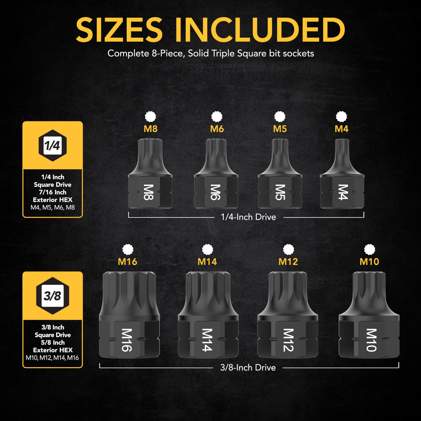 LEXIVON Triple Square Bit Socket Set, Dual Drive Super Short XZN, Premium S2 Alloy Steel, 8-Piece M4~M16 | Aluminum Storage Rail (LX-145S)