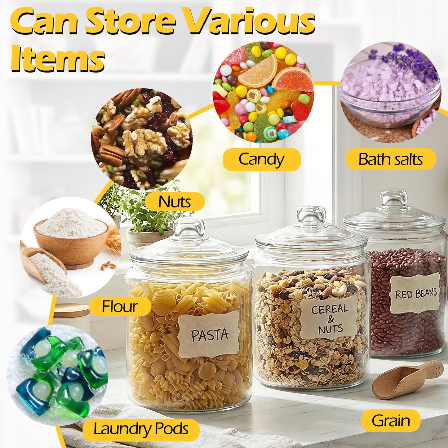 Almcmy 2 Glass Storage Jars Set,1 Gallon Cookie Jar for Food Storage,Airtight Glass Jar with Lids,Large Jars Food Storage Containers for Pantry, Flour, Sugar, Cookies