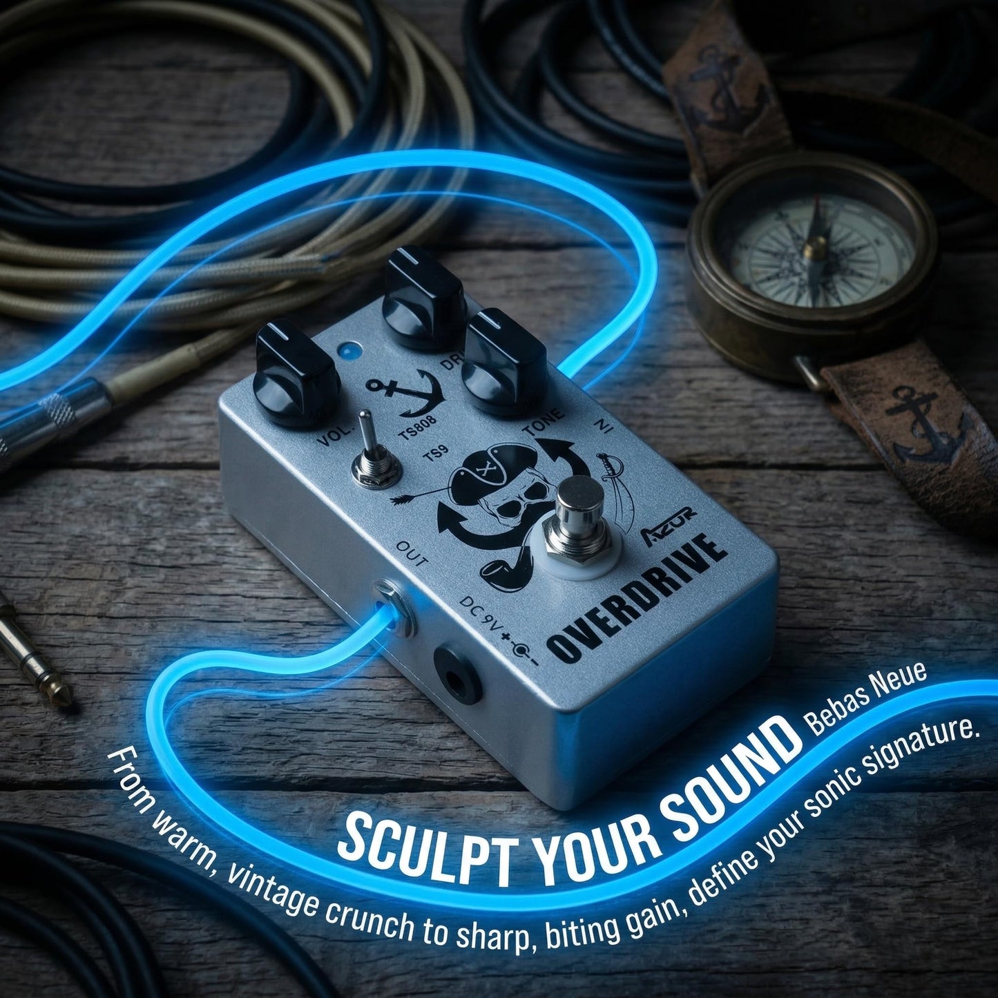 AZOR Vintage TS808/TS9 Switchable Overdrive Pedal - All-Metal True Bypass Guitar Effect with Analog Circuitry, for Electric Guitar, Bass & Pro Audio - Stage-Ready Low Noise Design