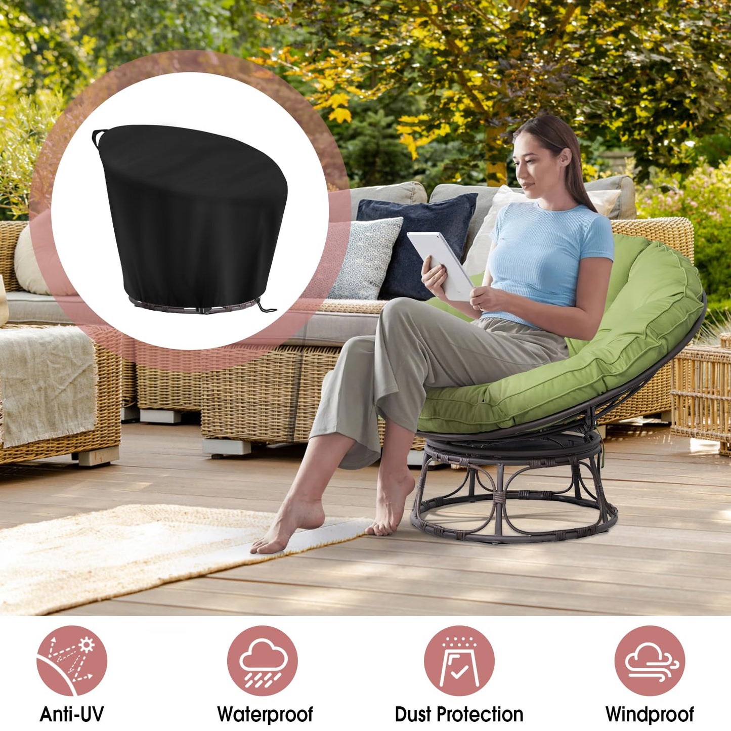 Agustone Papasan Chair Cover, Waterproof Cover for 47in Outdoor Patio Wicker Papasan Chair Cover Heavy Duty Cover