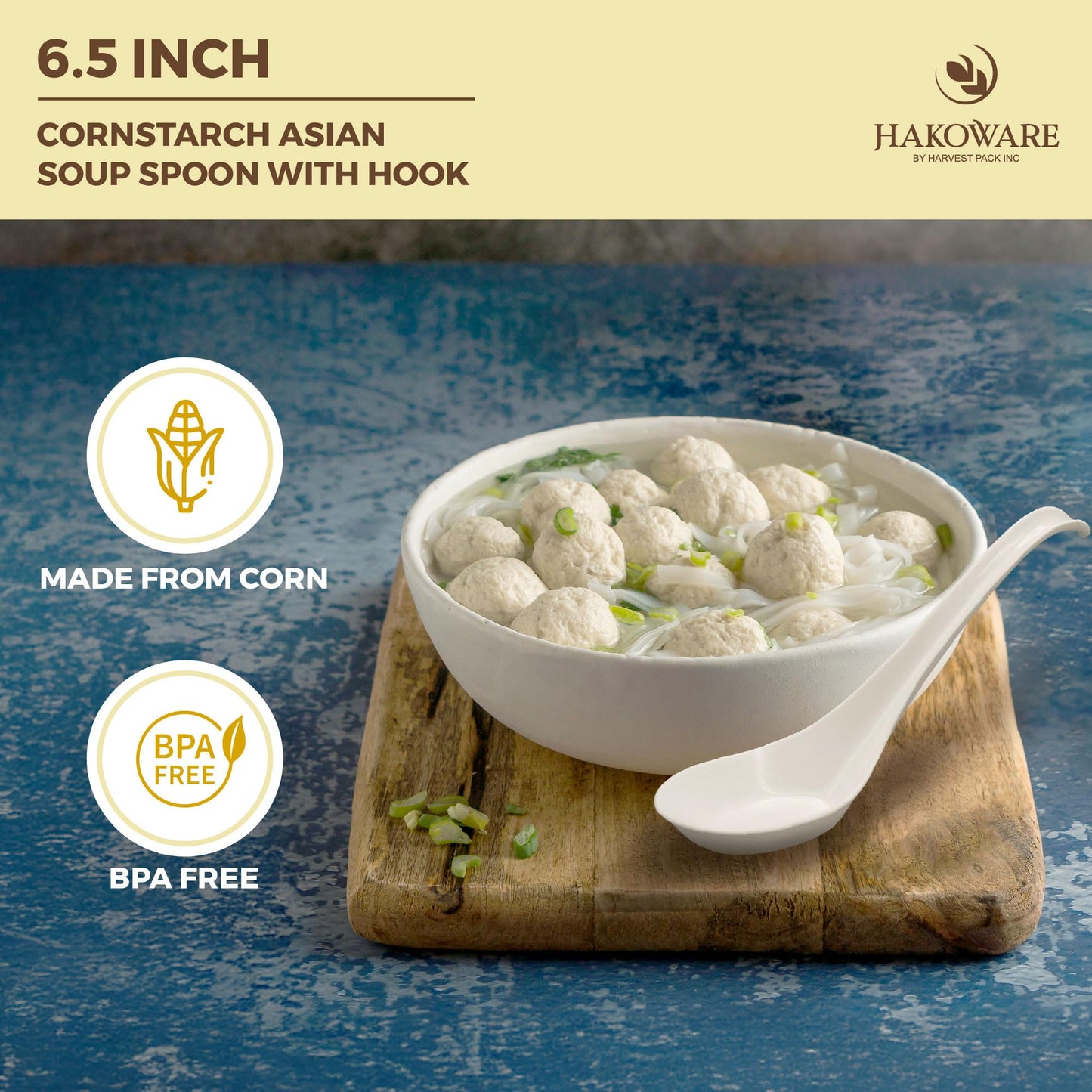 [600 Count] HAKOWARE Disposable Asian Soup Spoons with Hook, Plastic-Free Heavy Duty Spoons, Made from Crystalized Cornstarch, for Take-Out Ramen Pho Noodles