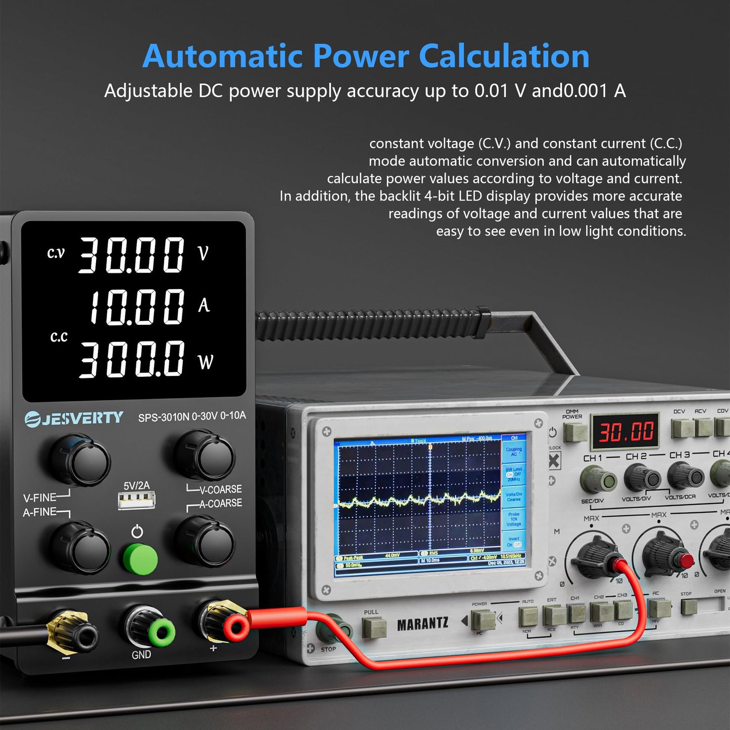 Jesverty DC Power Supply Variable, 0-30V 0-10A Adjustable Switching DC Regulated Bench Power Supply with High Precision 4-Digit LED Display, 5V/2A USB Port, Coarse and Fine Adjustment SPS-3010N