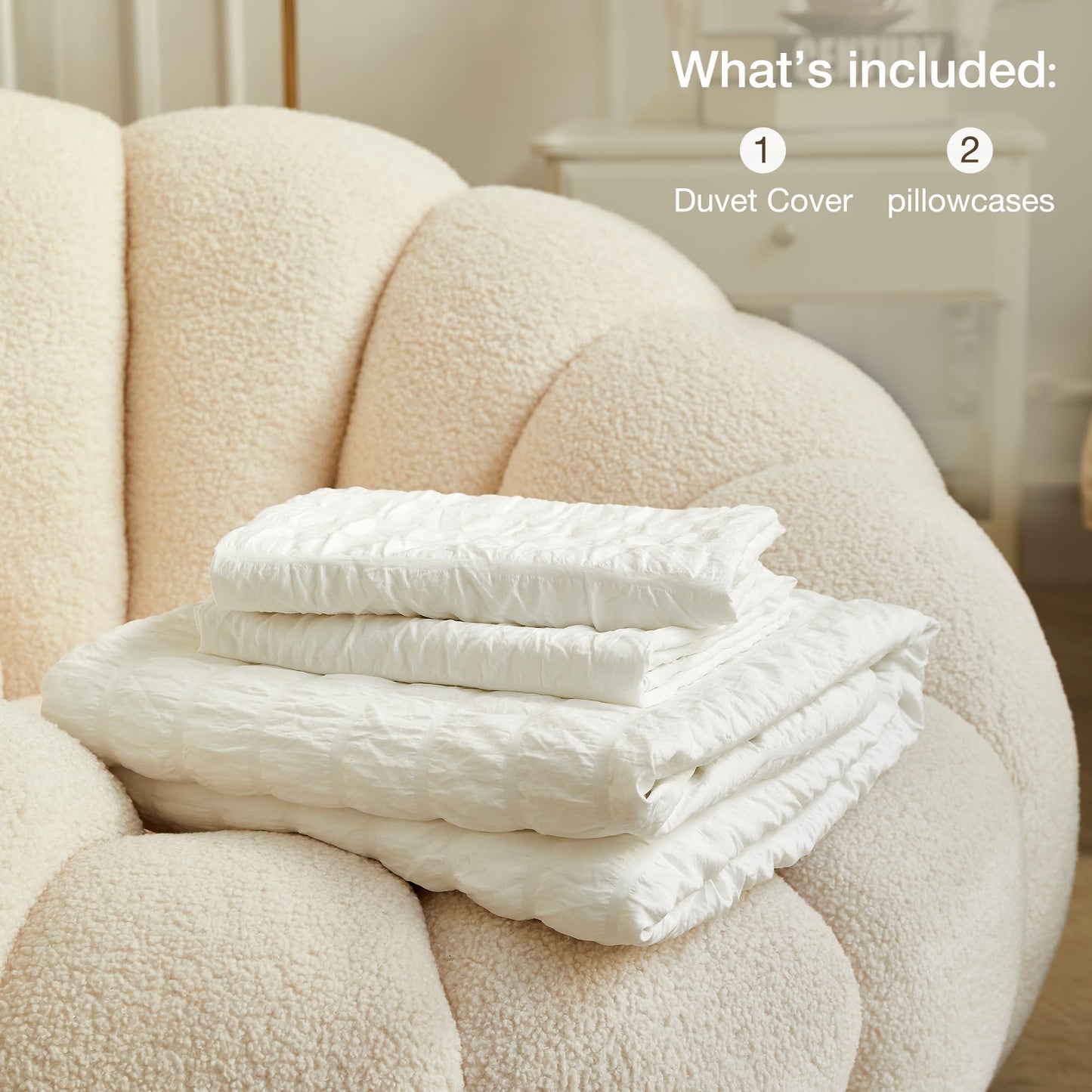 JELLYMONI White Duvet Cover King Size, 3pcs Washed Microfiber Bedding Set, Soft Breathable Seersucker Duvet Cover Set with Zipper Closure and Corner Ties for All Seasons