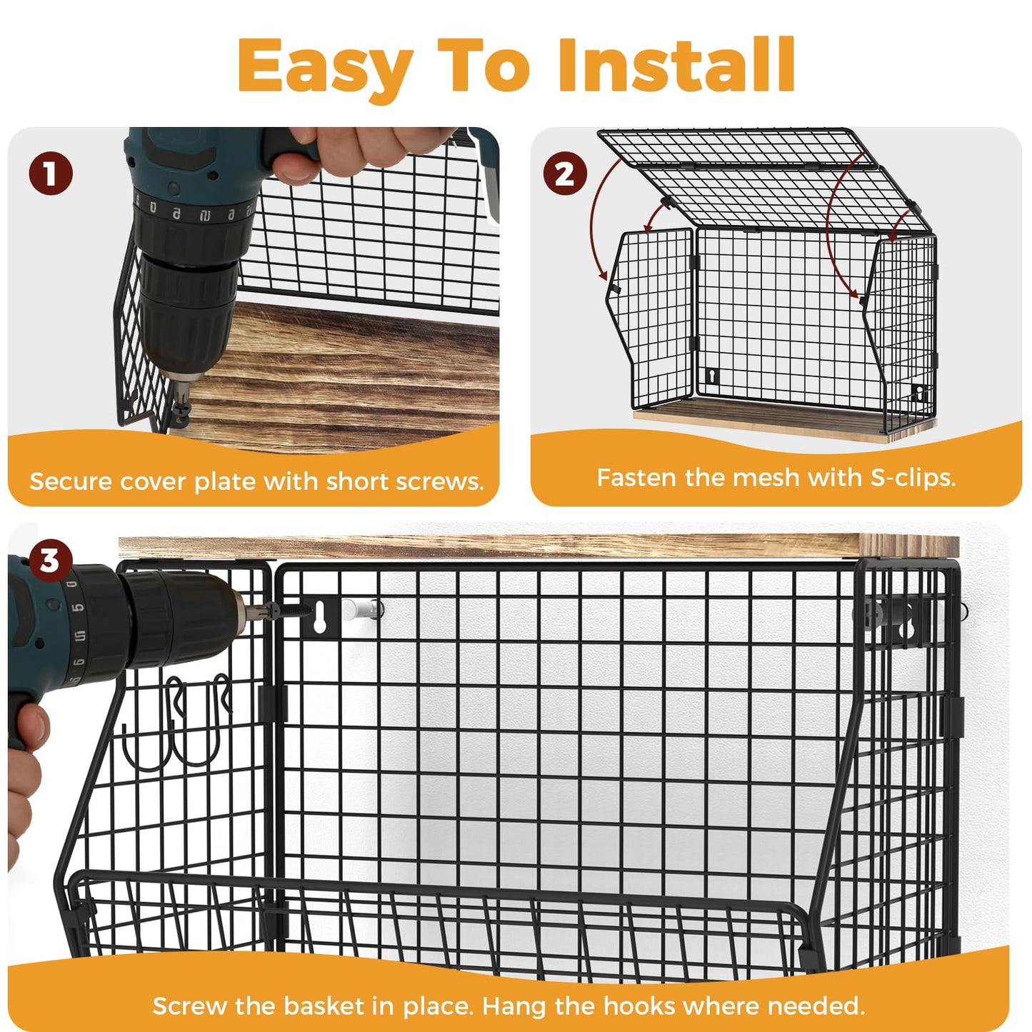 SUNALLY Hanging Fruit Basket for Kitchen Counter Organizing Wire Wall Mounted Baskets Under Cabinet Fruit and Vegetable Produce Storage Organizer Wood Lid Potato and Onion Holder with Hooks, 2 Pack