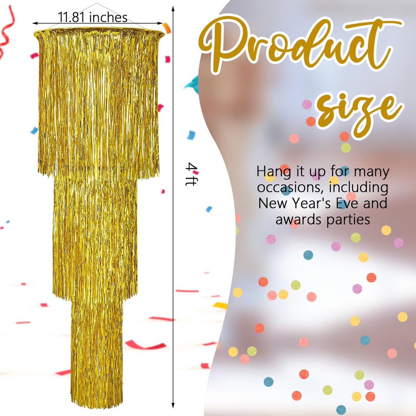 Tatuo 2 Pcs 3 Tier Metallic Tinsel Chandelier Shimmering Fringe Chandelier Decor Hanging Decoration Photo Booth Backdrop for Birthday Anniversary Wedding New Year's Eve Party Supplies, 4 ft (Gold)