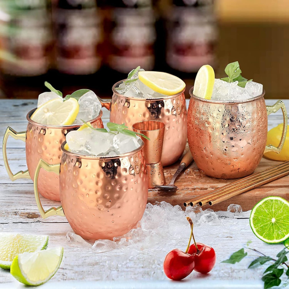 Moscow Mule Copper Mugs Set of 12 Plated Copper Mule Mugs 18oz Bulk Large Hammered Stainless Steel Cups with 1pcs 0.5oz Double Jigger 12pcs Stainless Steel Straws for Cold Chilled Drinks Cocktails