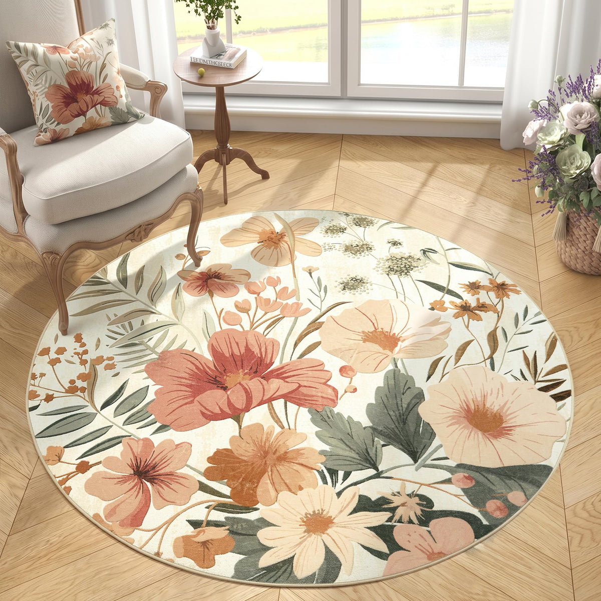 jinchan Floral Round Rug 5ft Area Rug Indoor Circle 5' Round Washable Modern Oriental Flower Print Non Slip Carpet for Living Room Dining Room Bedroom Entryway Office Decor Pink/Grey