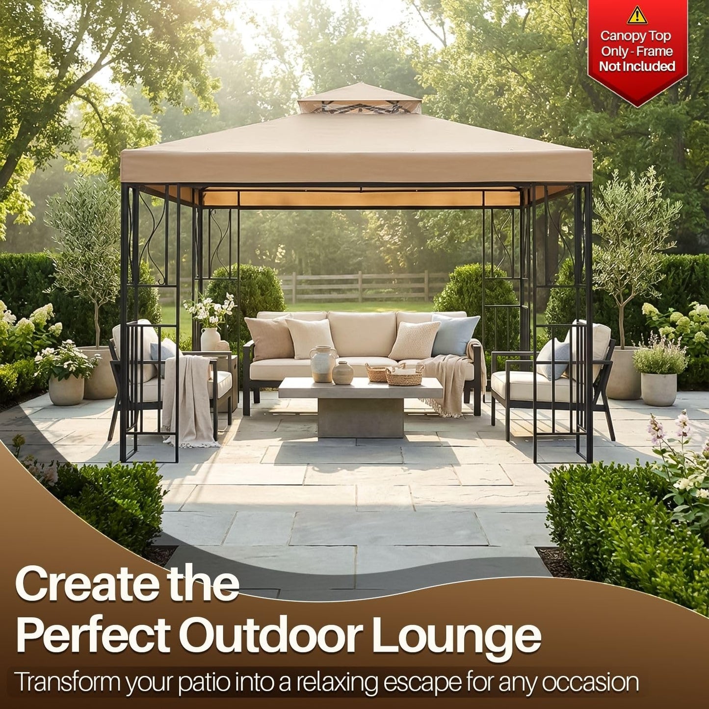 Flexzion Gazebo Cover Replacement Canopy Top 12x12 Ft (3.6m x 3.6m) - Double Tier Top Canopy Cover Replacement with UV30+, Dirt, Water Resistant for Outdoor, Sunshade, Garden, Patio, Pavilion (Beige)