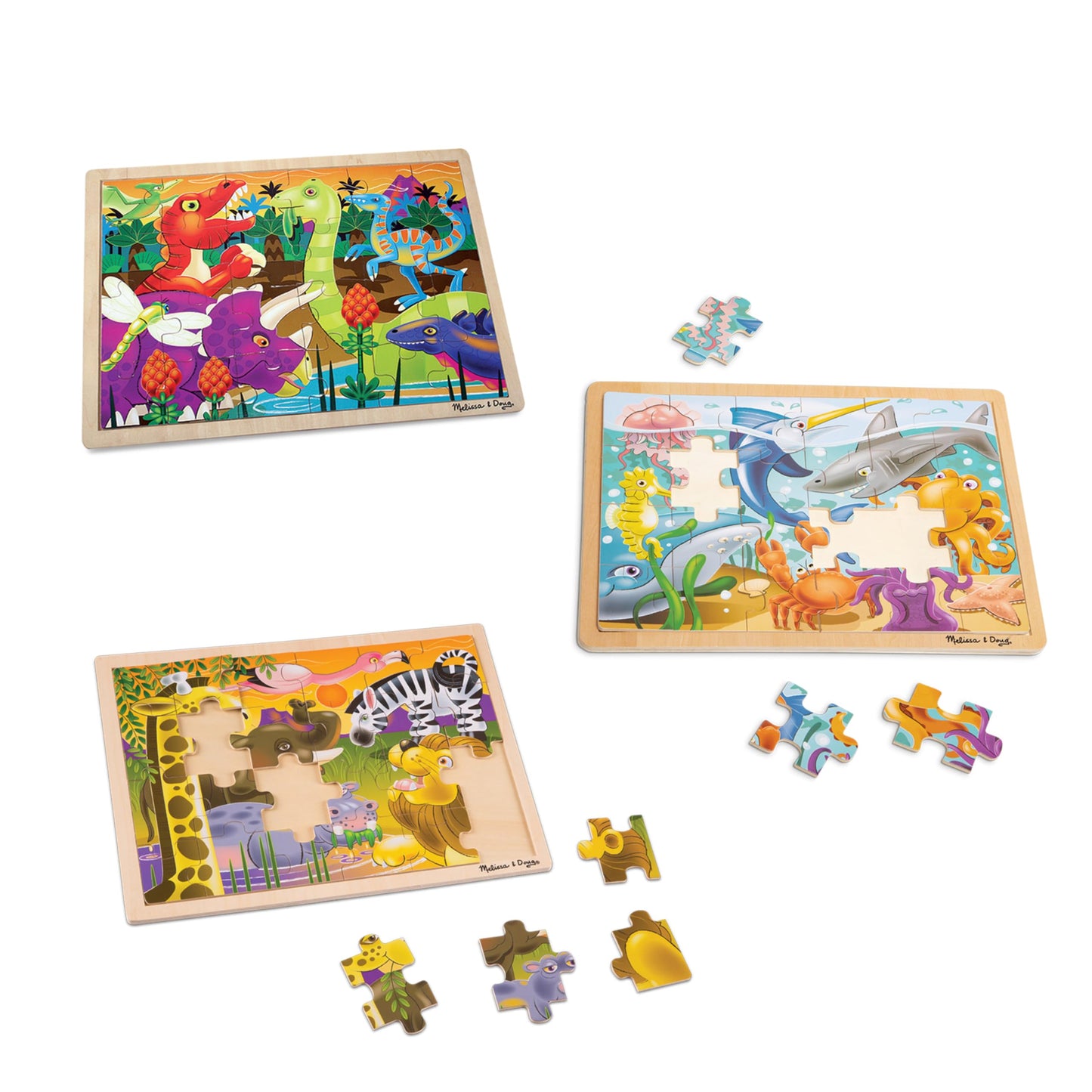 Melissa & Doug 3-Puzzle Jigsaw Set - Dinosaurs, Ocean, and SafariToddler Jigsaw Puzzles; Sea Creatures, Dinosaur, Animal Wood Puzzles for Kids Ages 3+